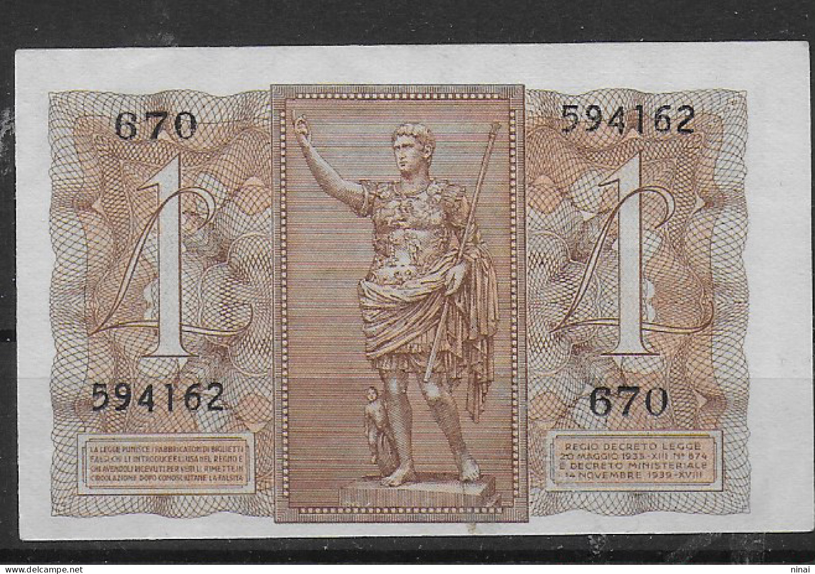 BANCONOTA 1939 UNA LIRA GRASSI/PORENA/COSSU FIOR DI STAMPA C1496A - Italië – 1 Lira