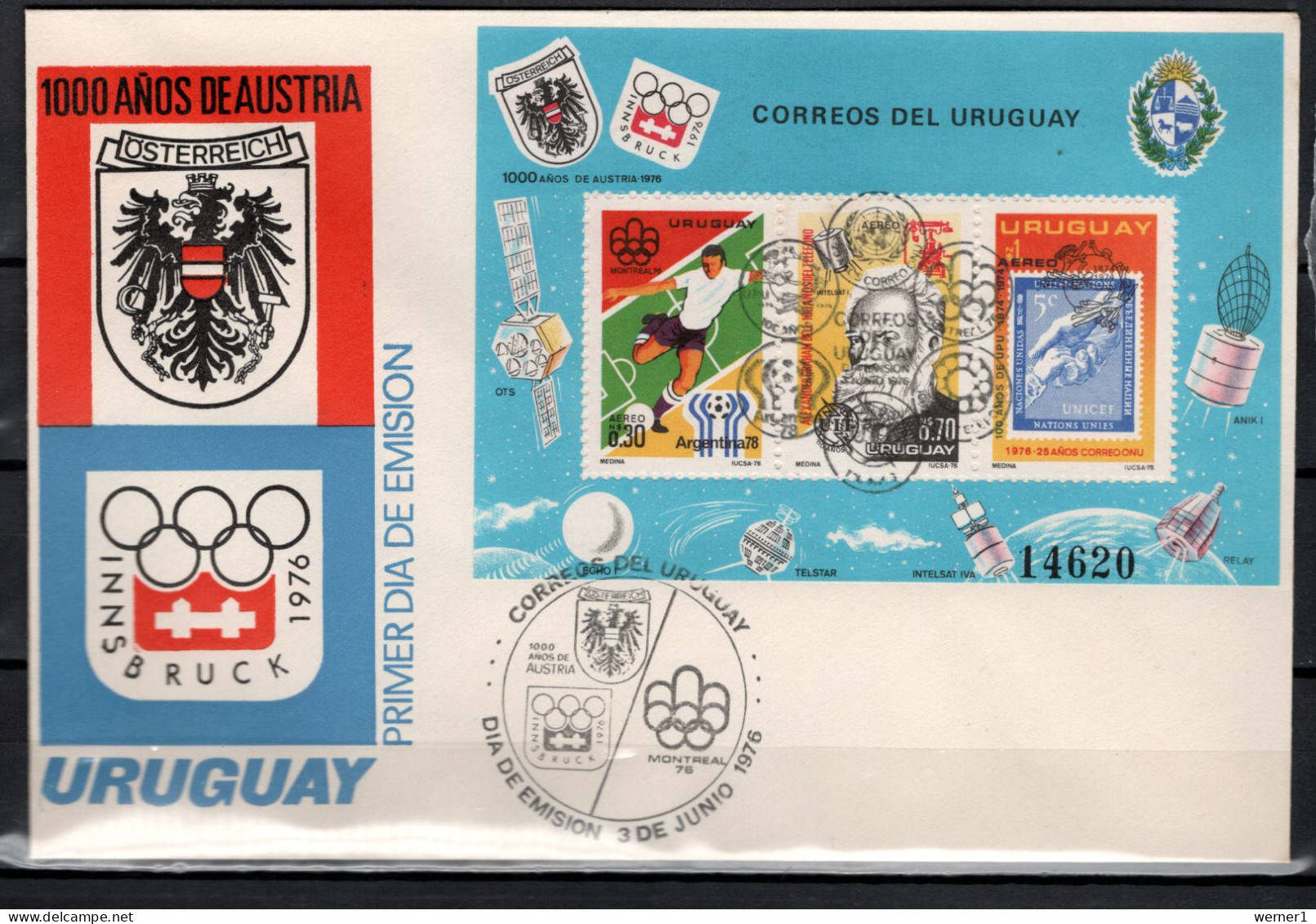 Uruguay 1976 Olympic Games Montreal / Innsbruck, Football Soccer World Cup, Space S/s On FDC -scarce- - Ete 1976: Montréal