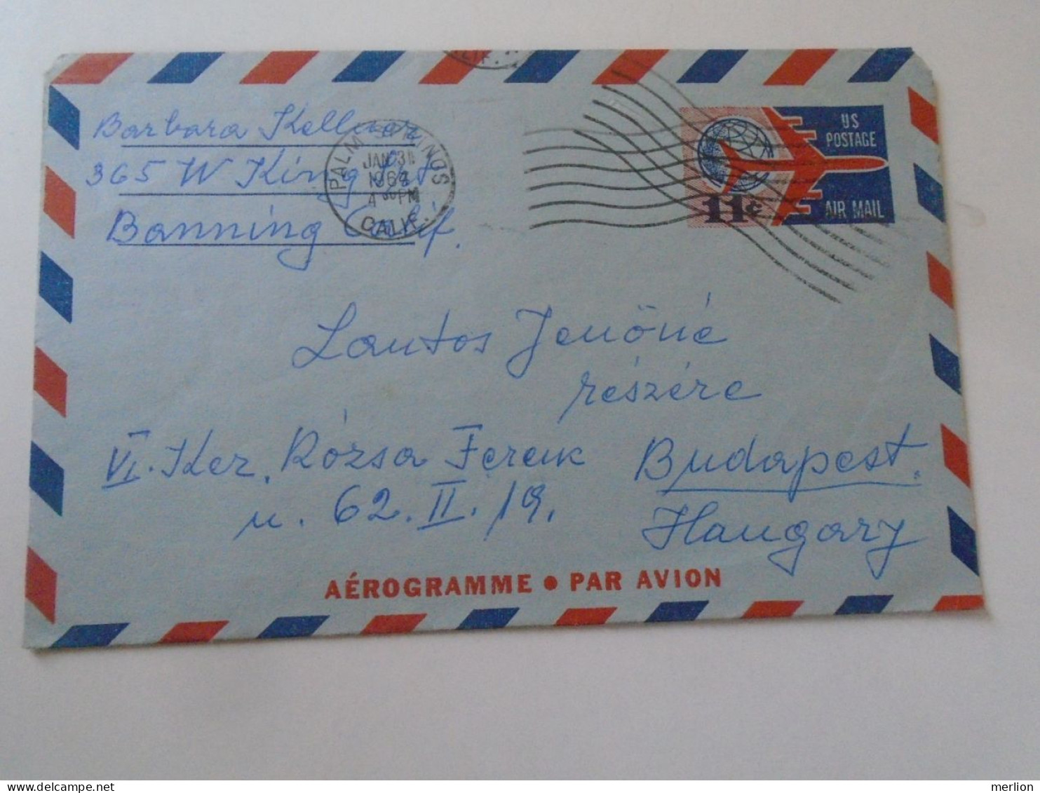 D203068  USA   Aerogramme Palm Springs Caslifornia 1964  To Hungary   11 Cents Postage - Briefe U. Dokumente