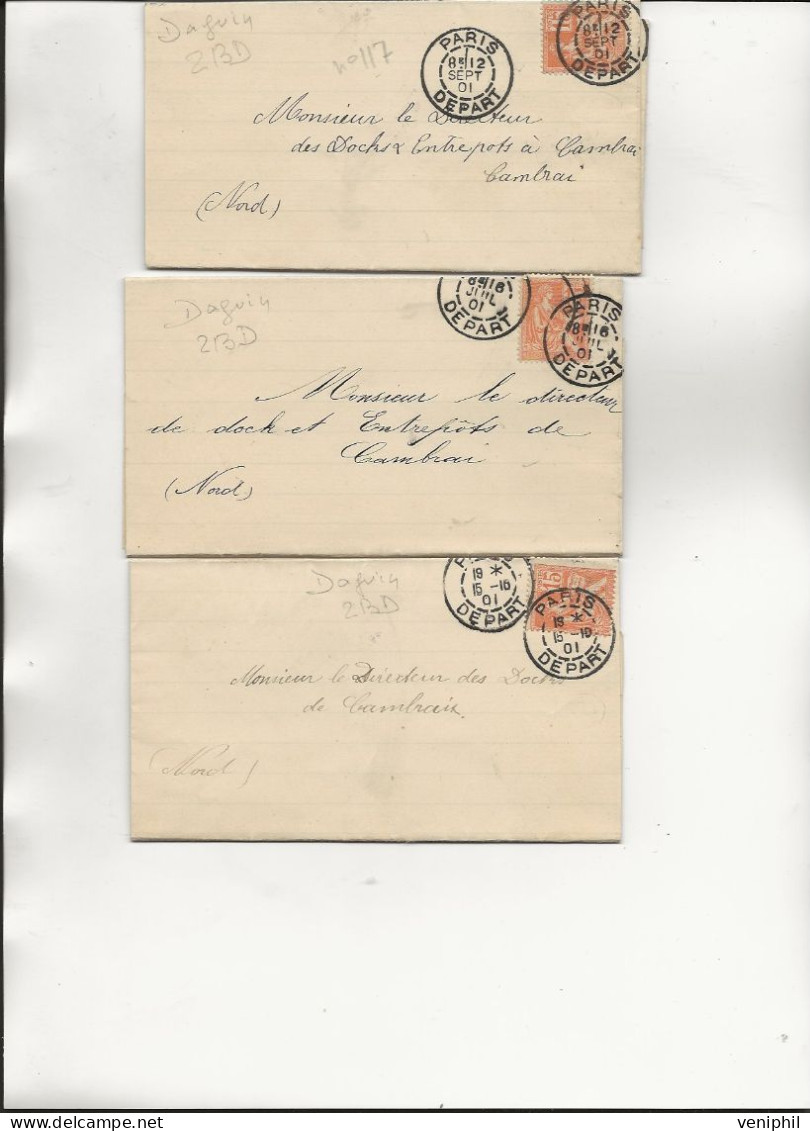 LOT DE 3 LETTRES AFFRANCHIES  N° 117 CAD PARIS DEPART ANNEE 1901  TB - Mechanical Postmarks (Other)