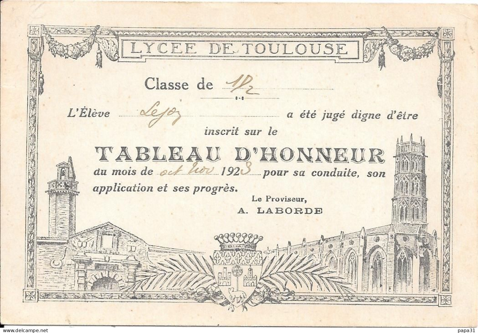 LYCEE DE TOULOUSE - TABLEAU D'HONNEUR  1923 - Toulouse