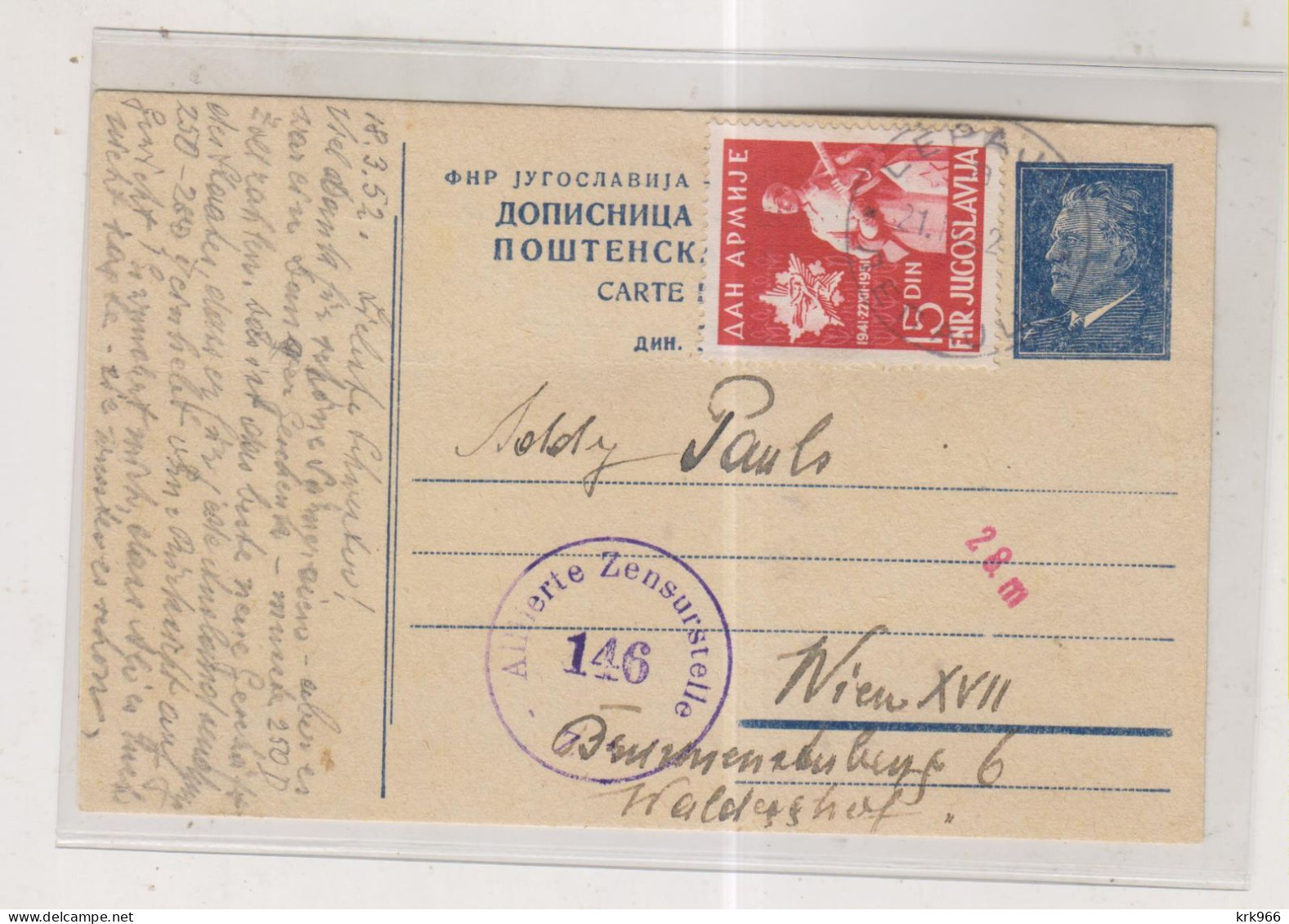 YUGOSLAVIA,1952 LEPAJCI Censored Postal Stationery To Austria - Covers & Documents