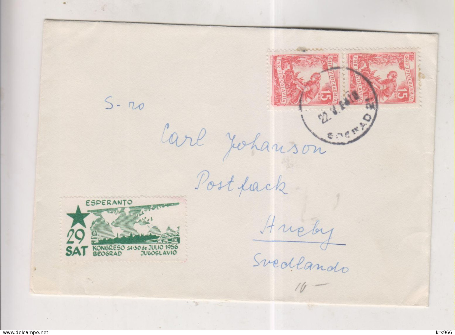 YUGOSLAVIA,1956 BEOGRAD Nice Cover To Sweden ESPERANTO Poster Stamp - Lettres & Documents