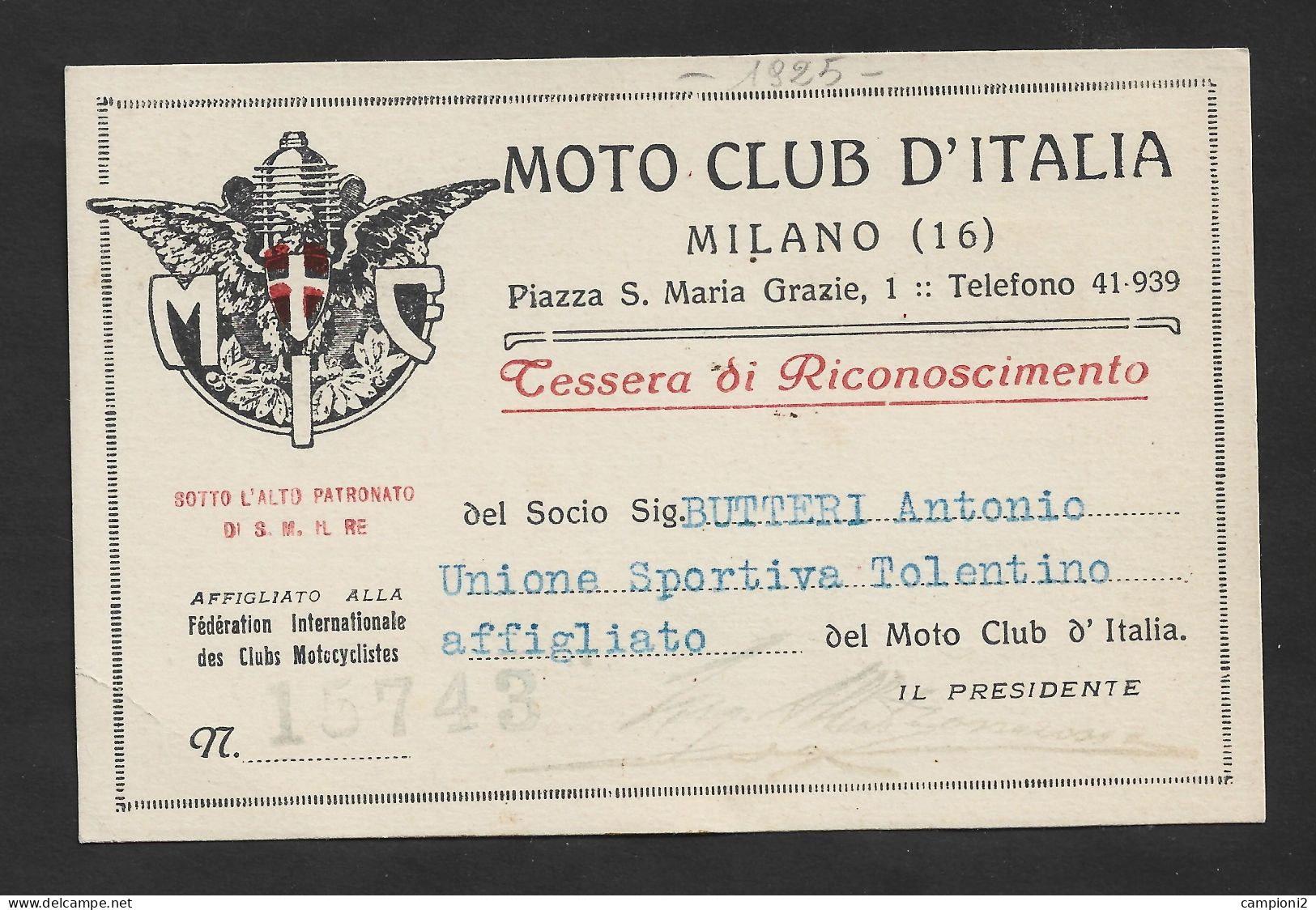 Tessera Del Moto Club Italia Di Milano Rilasciata Nel 1925. Intestata. - Tessere Associative