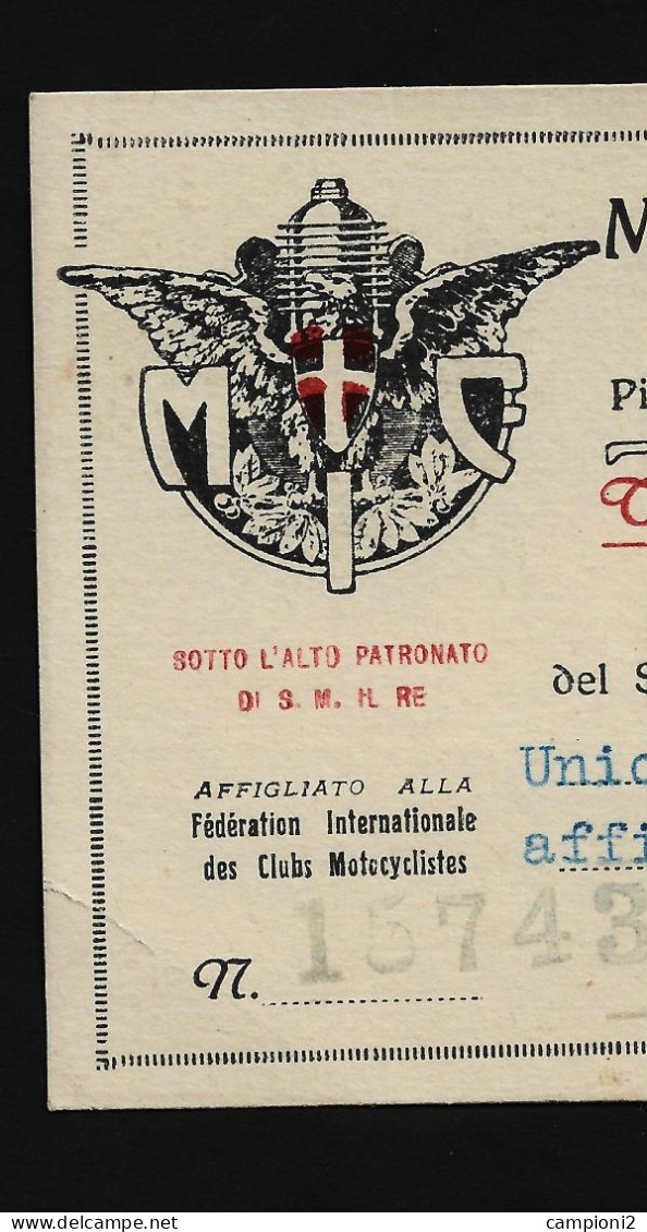 Tessera Del Moto Club Italia Di Milano Rilasciata Nel 1925. Intestata. - Mitgliedskarten
