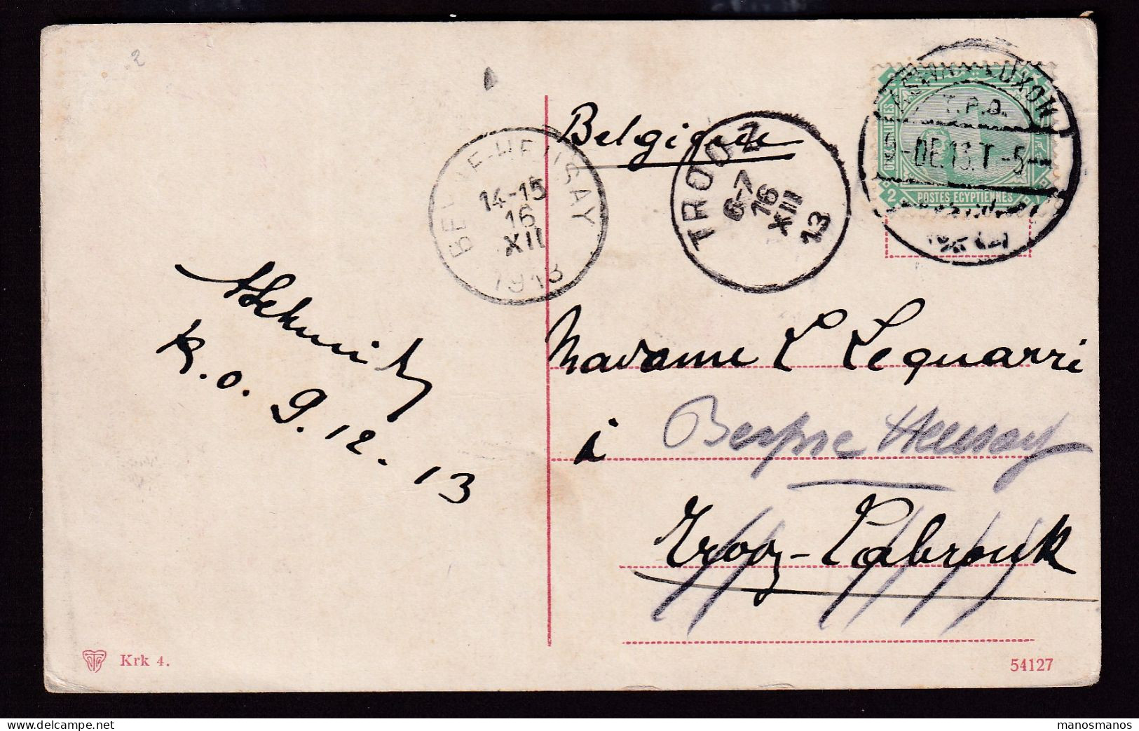387/31 -- EGYPT ASWAN-LUXOR TPO (in Small Letters) - SCARCE Type  - Viewcard Cancelled 1913 To TROOZ Belgium - 1866-1914 Khedivate Of Egypt