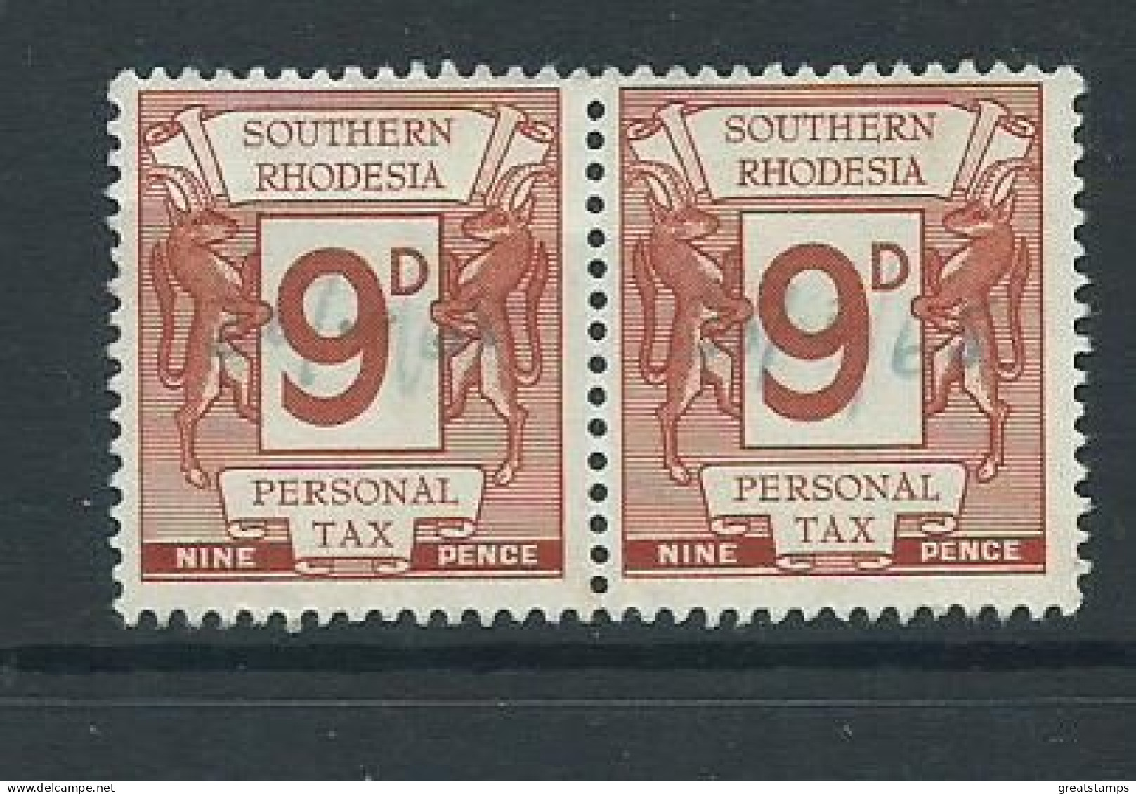 Southern Rhodesia 1940s Personal Tax Revenue Stamps Used 9d Pair - Zuid-Rhodesië (...-1964)