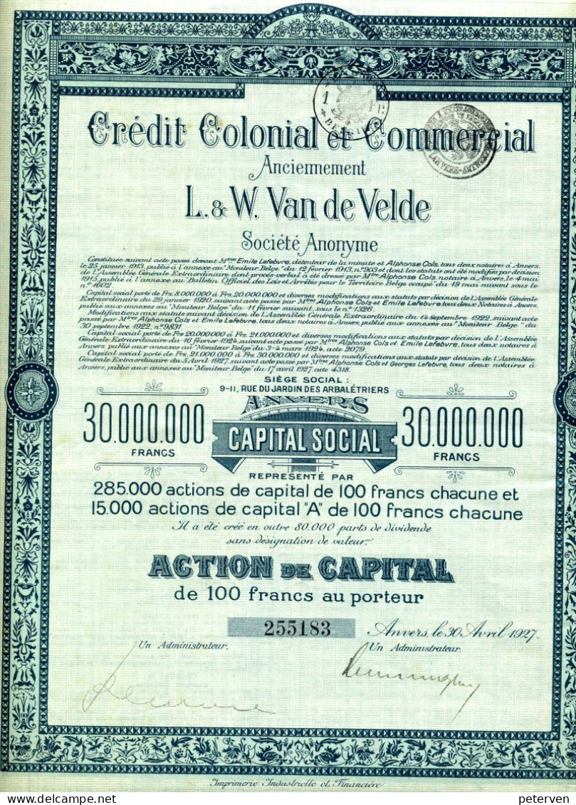 Congo Belge: CRÉDIT COLONIAL Et COMMERCIAL; Anc. L. & W. Van De Velde - Africa