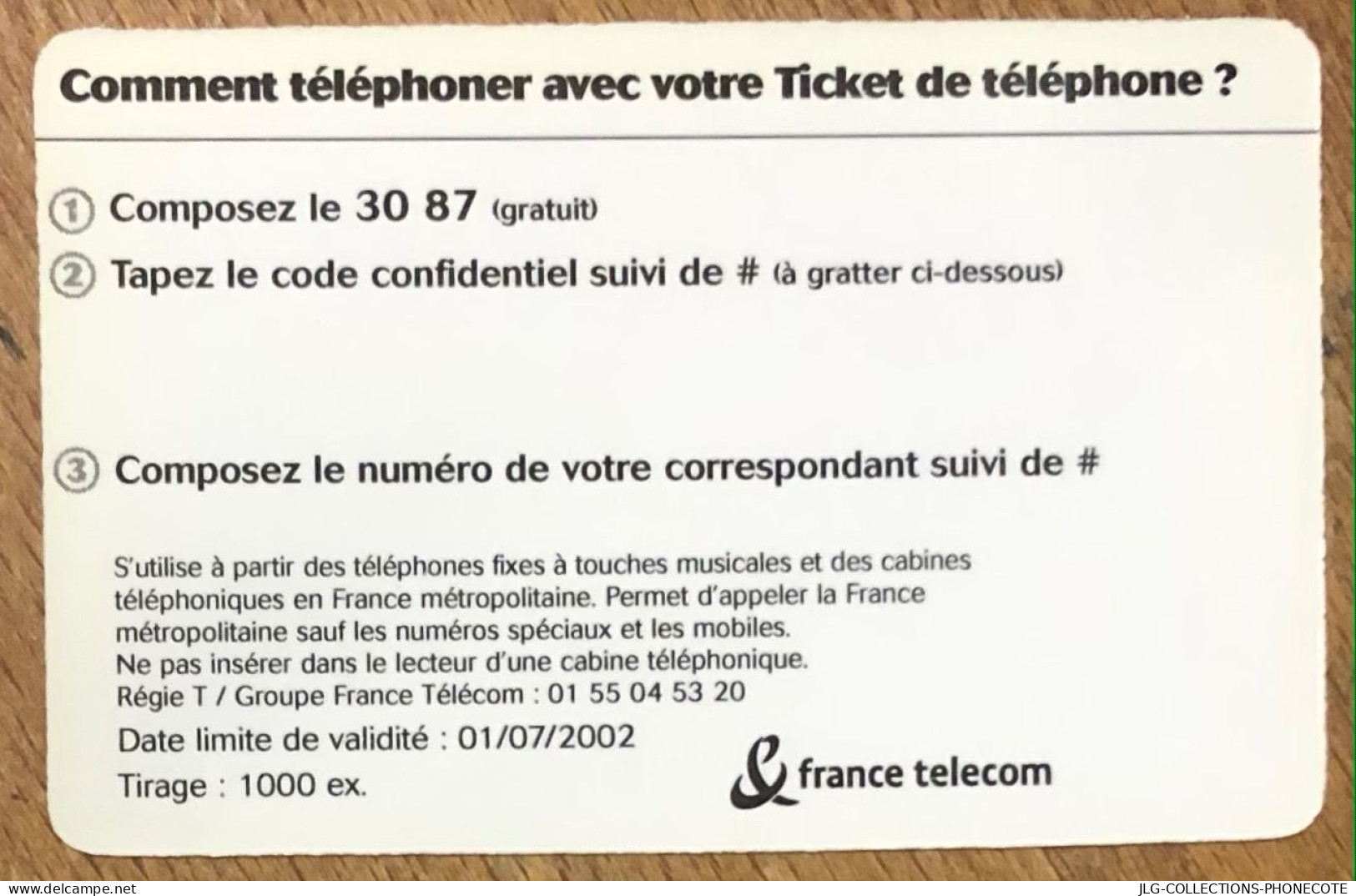 TICKET TÉLÉPHONE 30MN OFFERTES SPÉCIMEN PREPAID PREPAYÉE CALLING CARD NO TELECARTE PHONECOTE SCHEDA PHONE CARD - FT