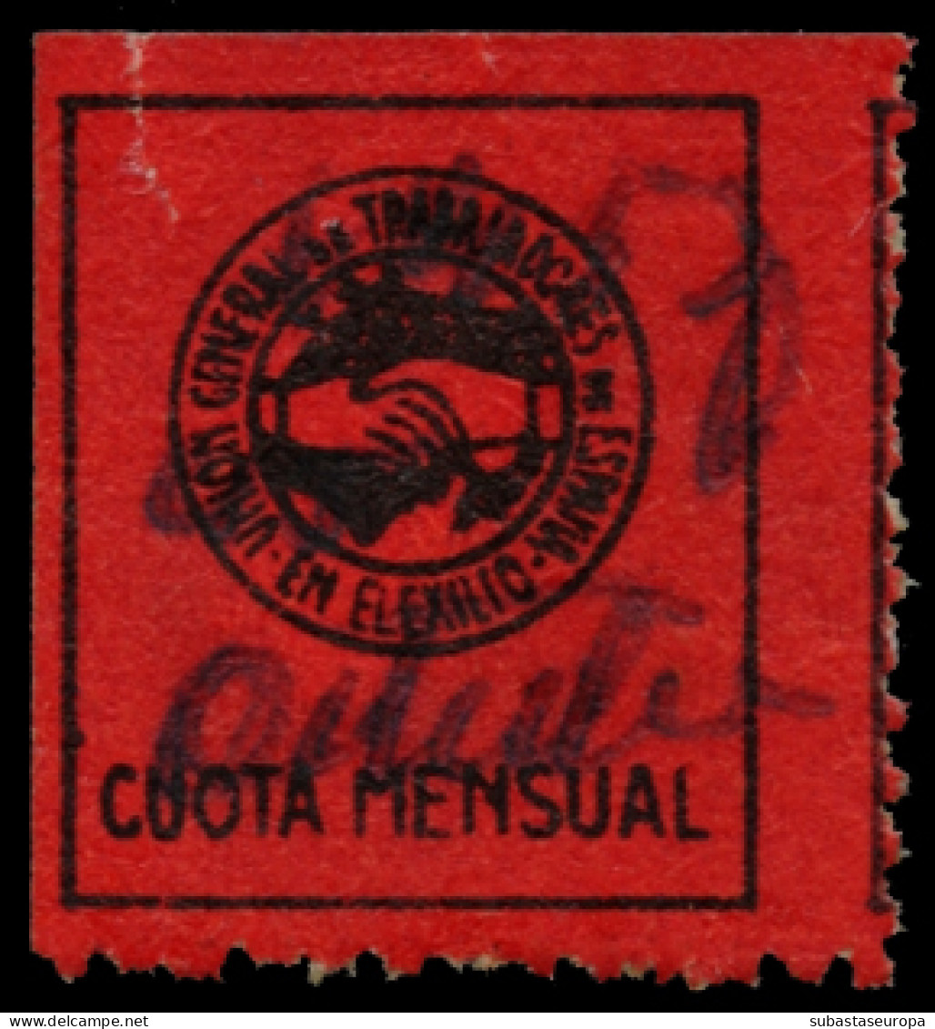 Francia. UGT De España En El Exilio.  Cuota Mensual. Color Negro Sobre Rojo. Sin Valor Facial. Allepuz 1019. - Spanish Civil War Labels