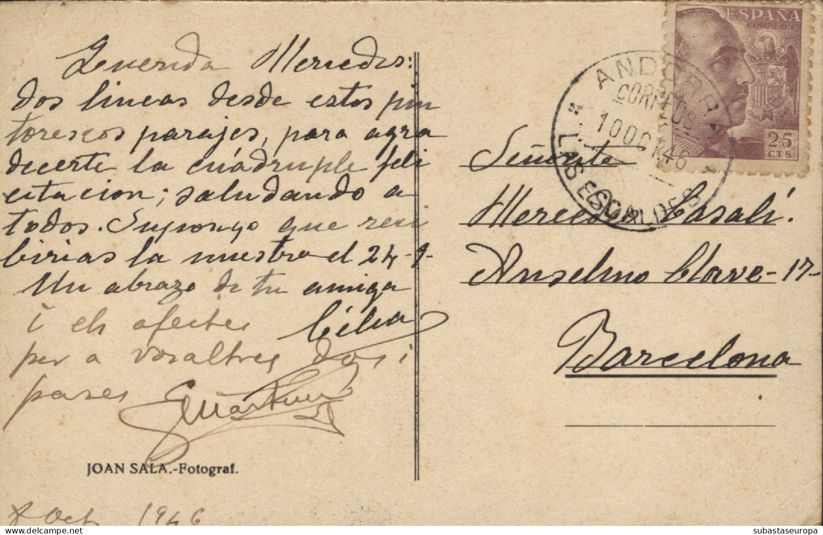 1946. Tarjeta Postal Circulada De Escaldes A Barcelona. Franqueo Español  Ø 923.  - Covers & Documents