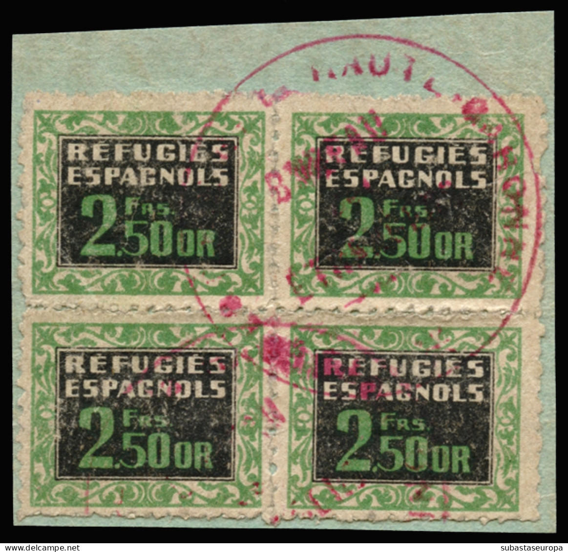 Francia. Refugees Espagnols. 2,5 Fr. Bloque De 4 Con Marca "Bureau Etranger Haute Garone". Rara. - Verschlussmarken Bürgerkrieg