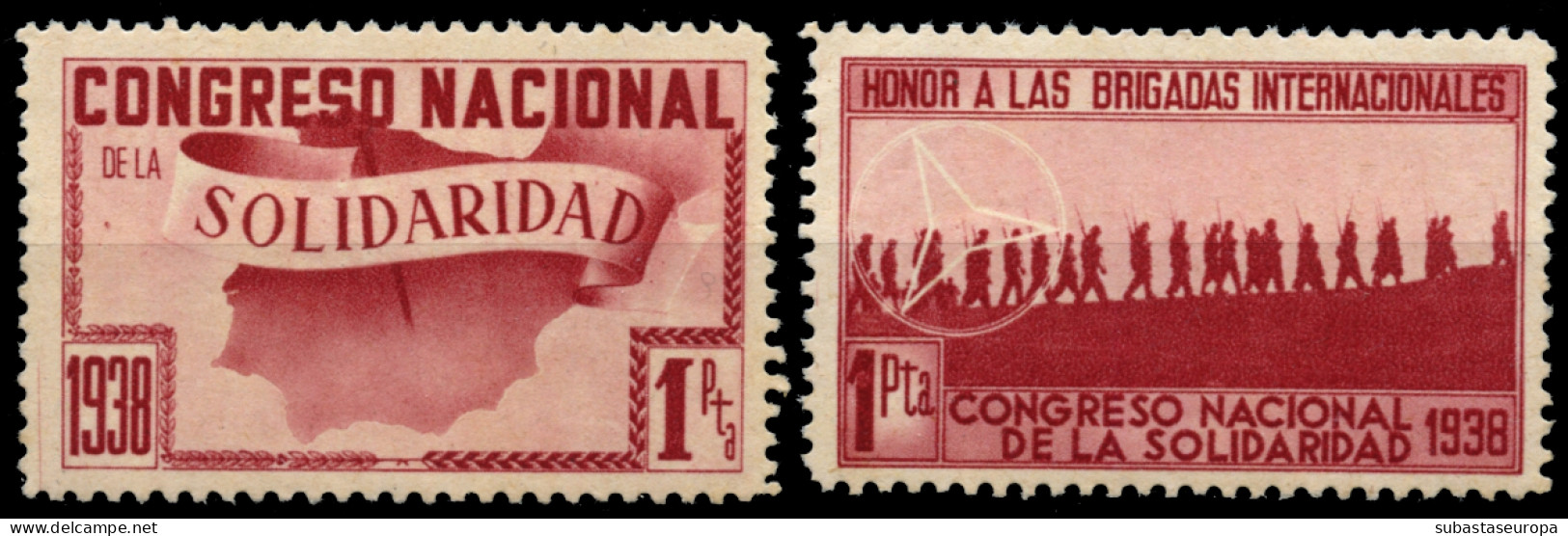 **. Congreso Nacional Solidaridad - Honor A La Brigadas Internacionales. 2 Viñetas Diferentes De 1 Pta.  - Spanish Civil War Labels