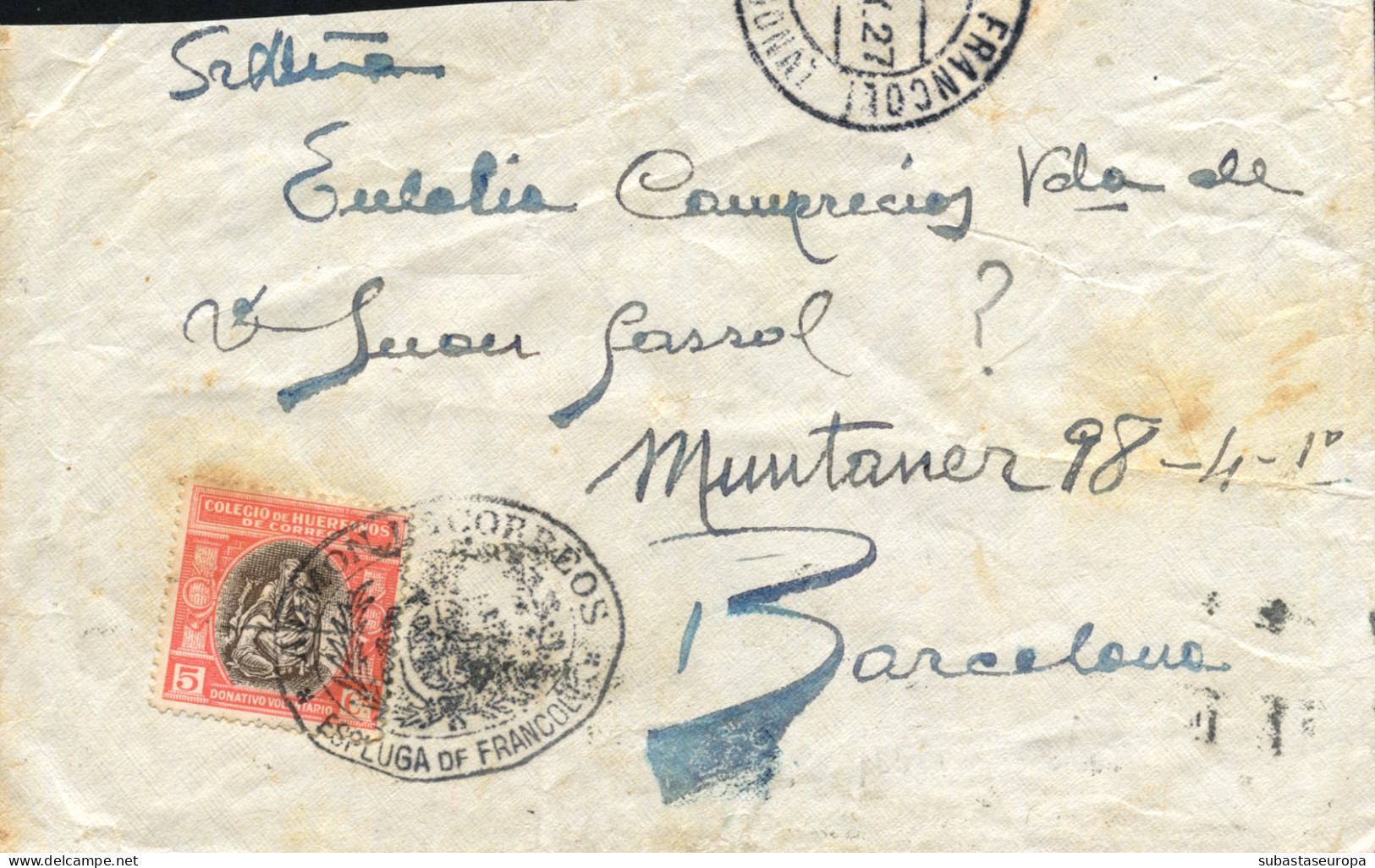 Ø 1 En Carta Fechada En Espluga De Francolí A Barcelona. Año 1927. Muy Rara. - Bienfaisance
