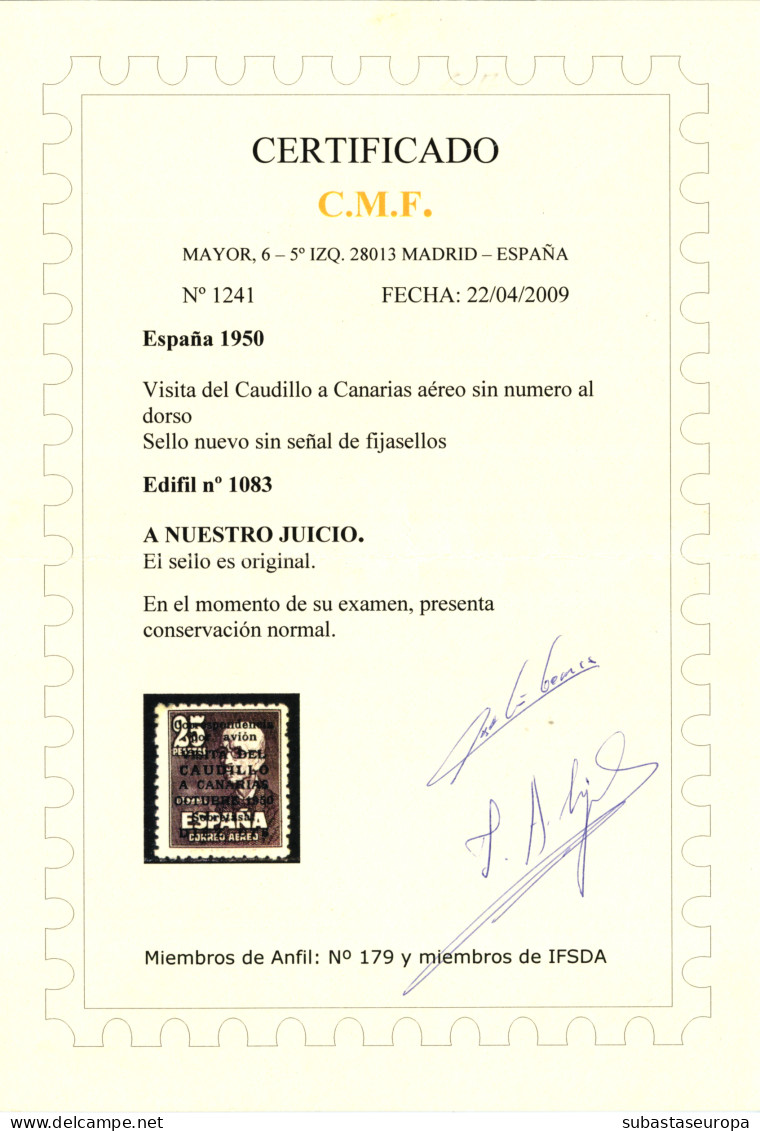 ** 1083. Canarias. Certificado CMF. Ligera Mancha De Goma En La Esquina Superior Izquierda. Cat. 4000 €. - Unused Stamps