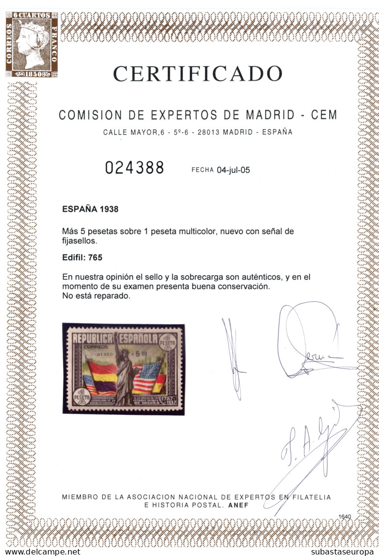 * 765. Constitución EEUU Aéreo. Certificado CEM (2005). Precioso. Cat. 350 €. - Unused Stamps