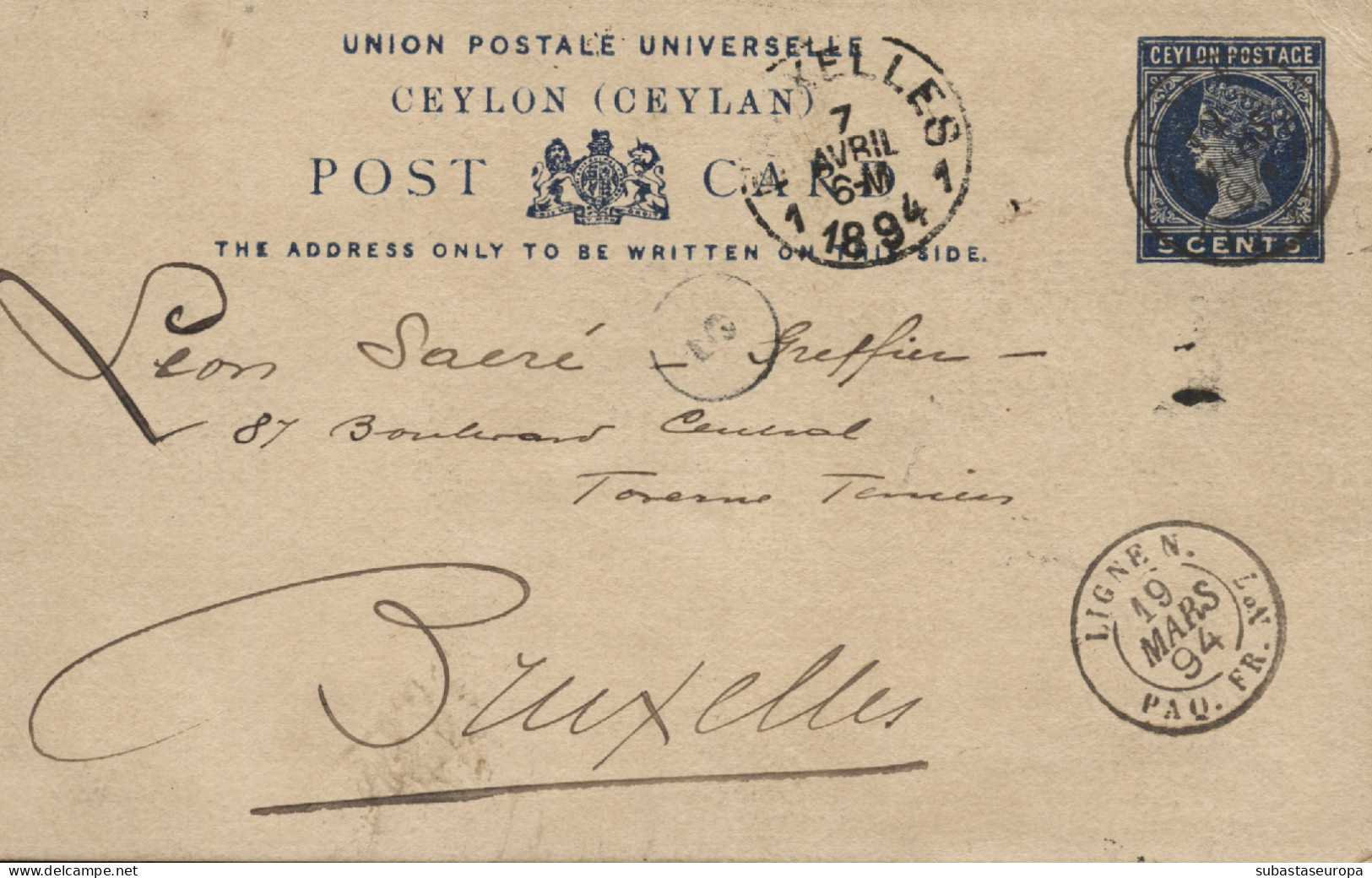 CEYLAN. 1894. E.P. De 5 Cts. Azul. Circulado A Bruselas. Matasellos Marítimo Francés  - Ceylon (...-1947)