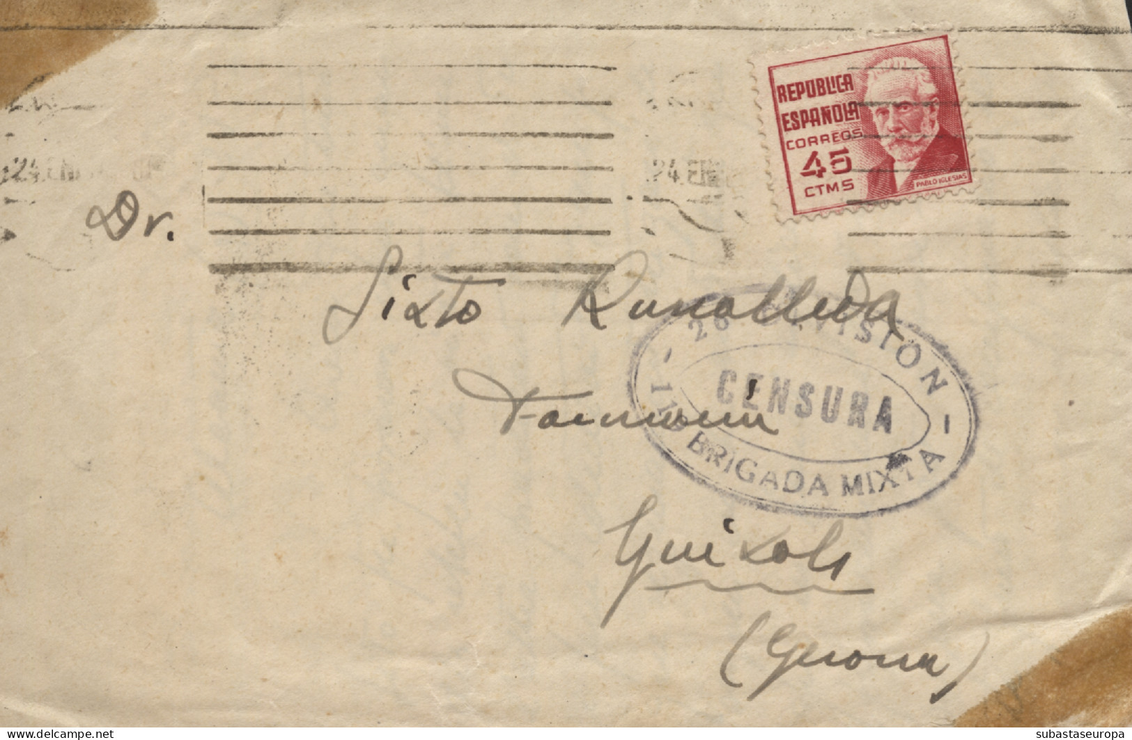 Carta De Alcañiz A Sant Feliu De Guíxols. Marca De Censura "26 División - Brigada Mixta". Año 1937. - Republicans Censor Marks