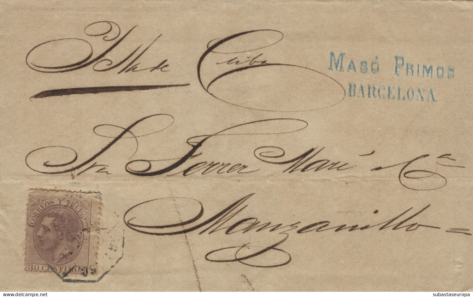 Ø 211. 1884. Carta Circulada De Barcelona A Manzanillo (Cuba). Matasellos Ambulante. Al Dorso Matasellos De Llegada  - Lettres & Documents