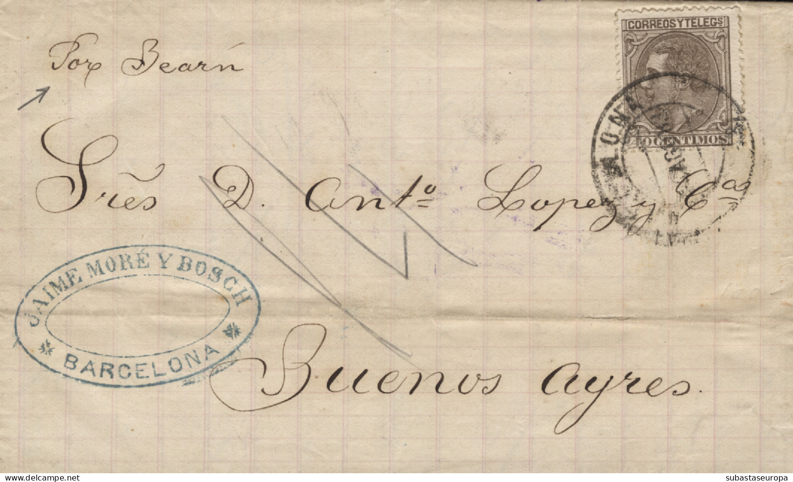 Ø 205 En Carta De Barcelona A Buenos Aires, El Año 1883. Manuscrito "Por Bearn". Llegada Al Dorso. - Covers & Documents