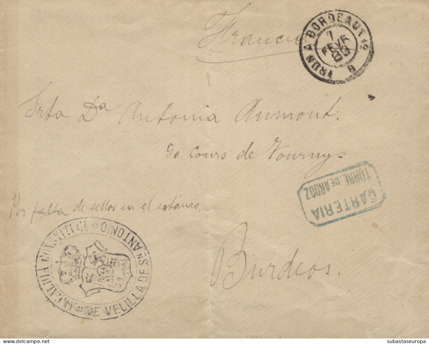 Carta De Velilla De San Antonio A Burdeos (Francia), El 7/2/1889. Marca De La Alcaldía Y "Cartería / Torrejón De Ardoz" - Lettres & Documents
