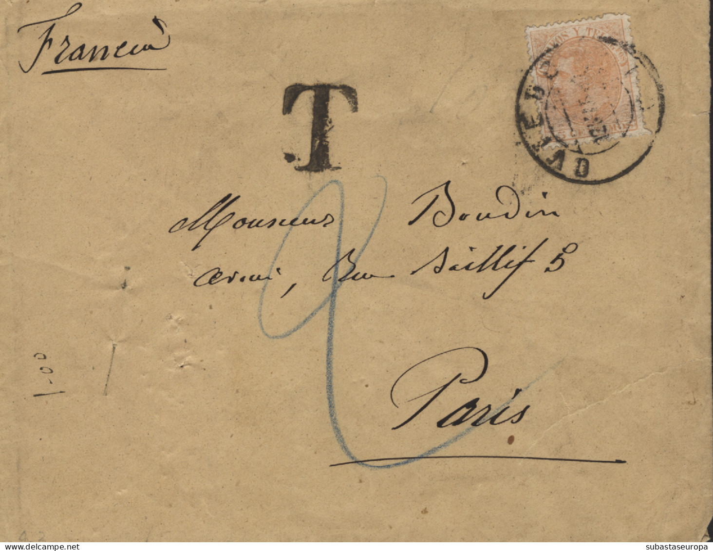 Ø 210 En Carta De Oviedo A París, El Año 1888. Marca De Tasa Al Faltarle 10 Cts. - Cartas & Documentos