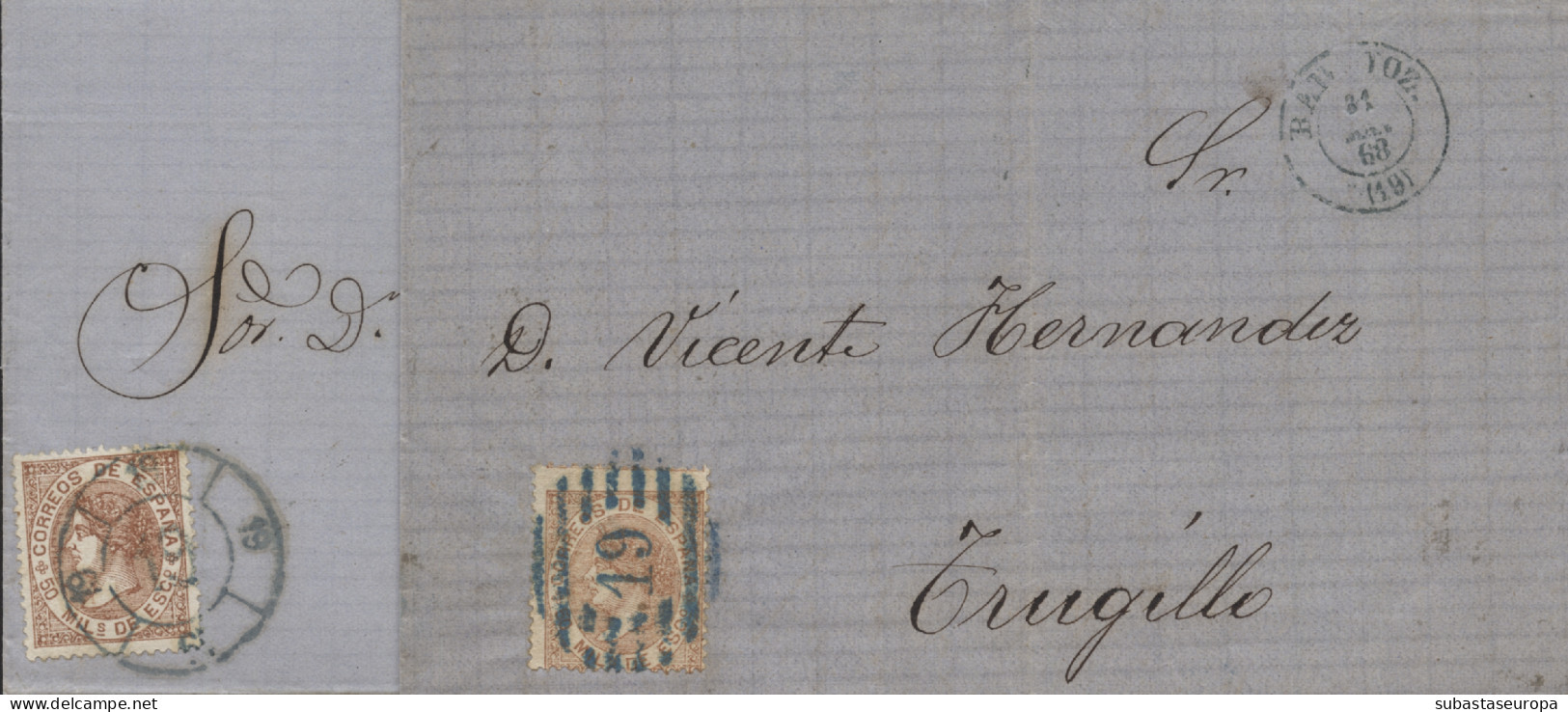 Ø 96 En Dos Cartas Circuladas De Badajoz Con Mat. R.C. 19 Y Parrilla 19, Ambas En Azul. Años 1867 Y 1868. - Covers & Documents