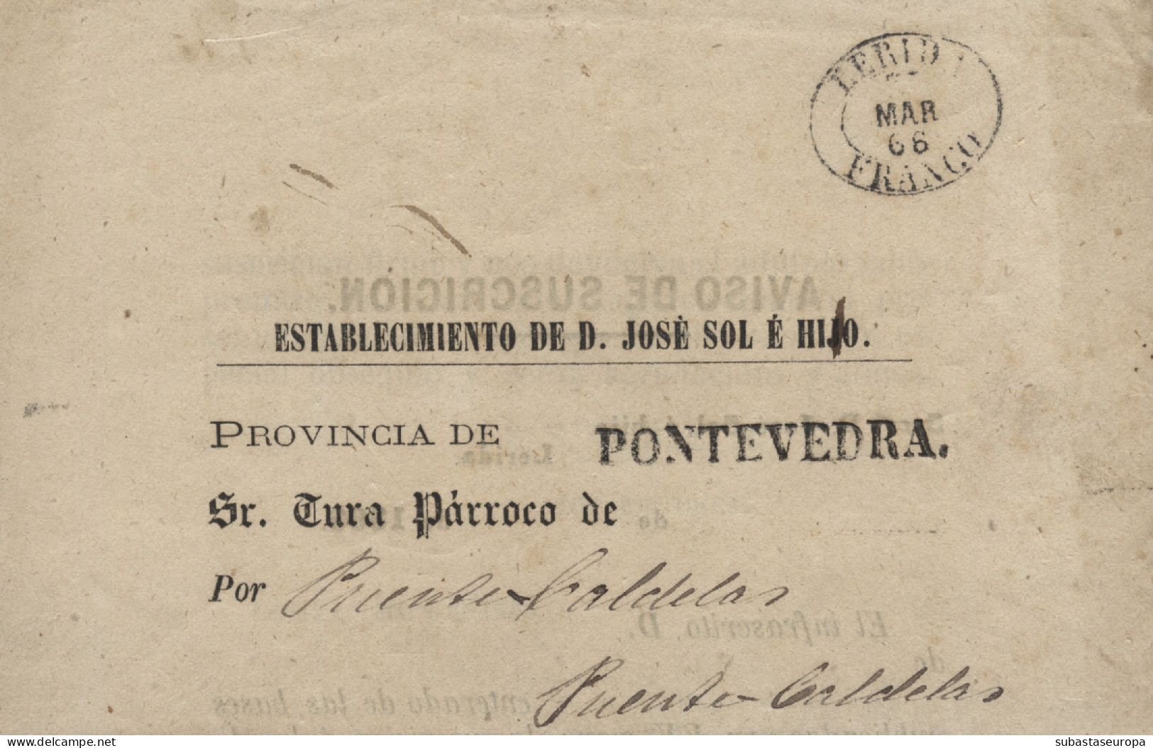 Impreso Circulado De Lleida A Puentecaldelas (Pontevedra). Marca "LÉRIDA / MAR 66 / FRANCO". Rara. - Lettres & Documents