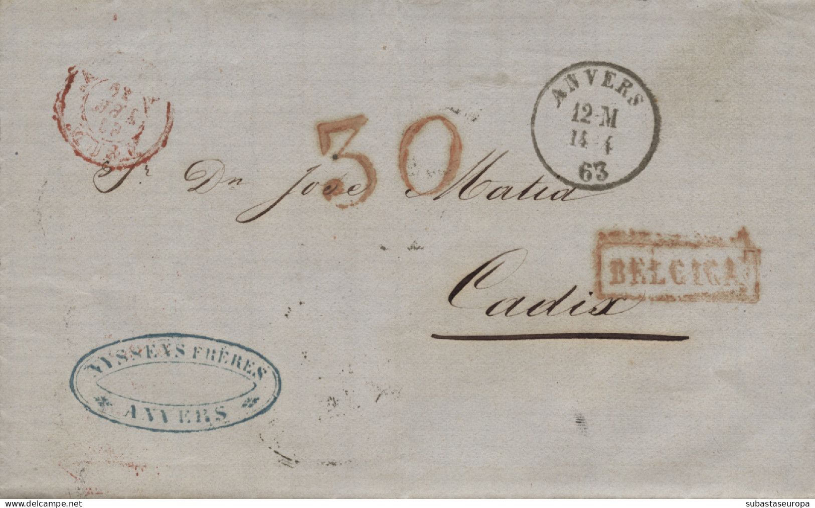 1863 (14 ABR). Carta De Anveres (Bélgica) A Cádiz. Preciosa. - Covers & Documents