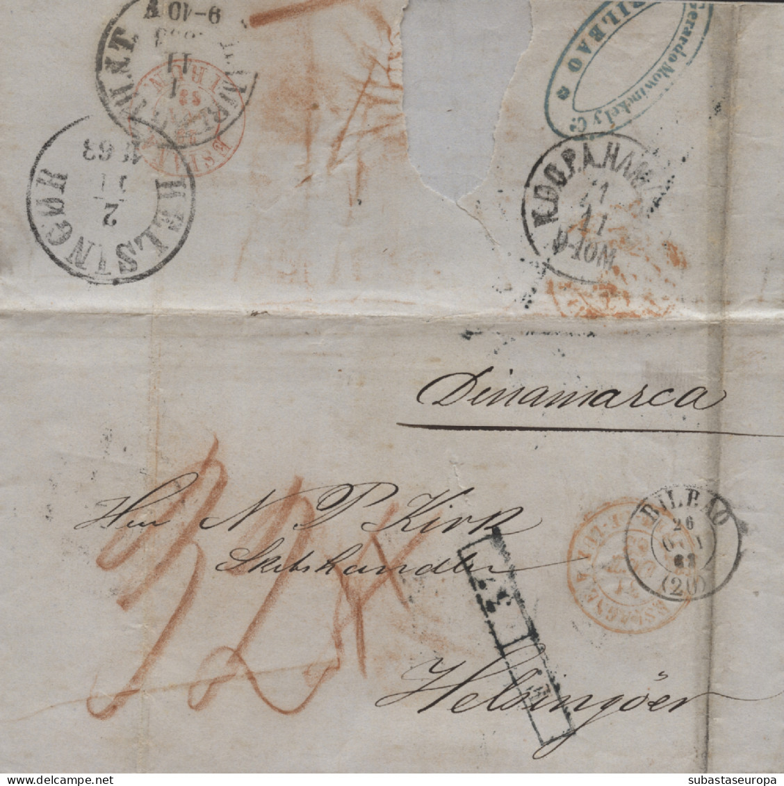 Carta De Bilbao A Dinamarca, El 18/10/1863. Multitud De Marcas Y Porteos. Preciosa. - Covers & Documents