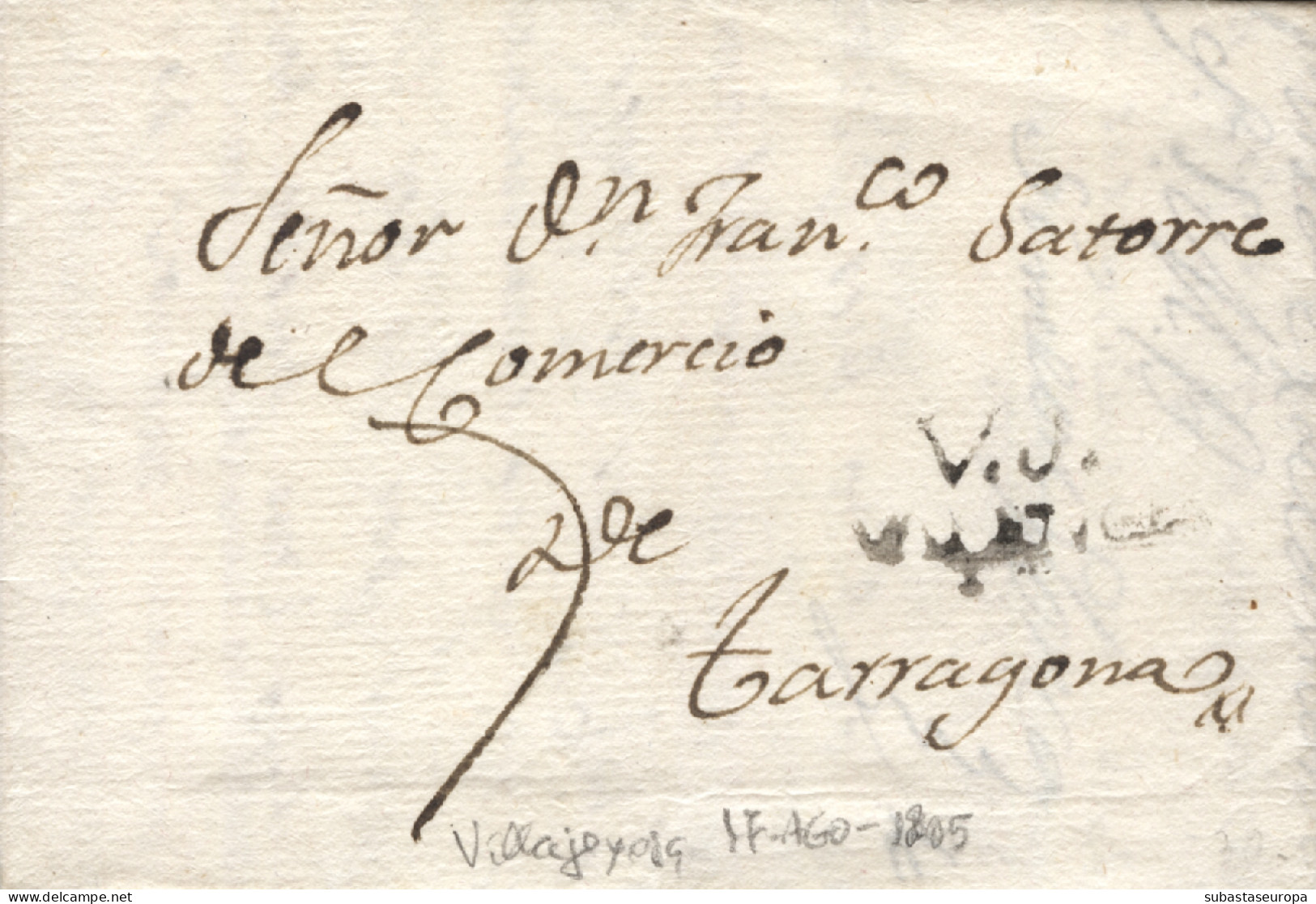 D.P. 19. 1805. Carta De Villajoyosa A Tarragona, En Tinta De Escribir. Porteo 5 Manuscrito. - ...-1850 Vorphilatelie