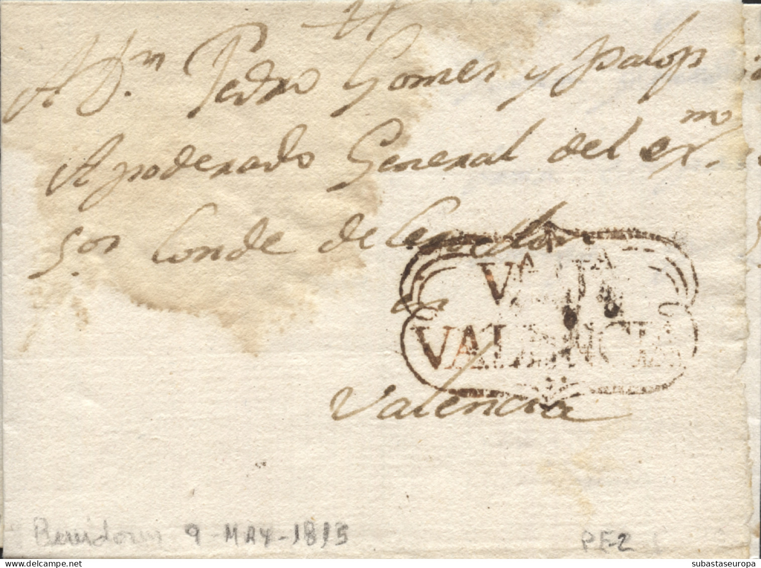 D.P. 19. 1815 (9 MAY). Carta De Benidorm A Valencia. Marca De Villajoyosa Nº 2N. - ...-1850 Vorphilatelie