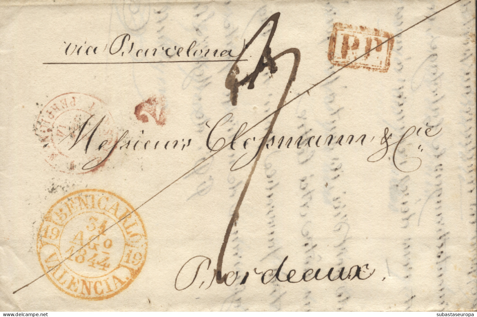 D.P. 19. 1844. Carta De Benicarló A Burdeos (Francia), Vía Barcelona. Nítido Fechador Amarillo "BENICARLÓ /VALENCIA / - ...-1850 Préphilatélie