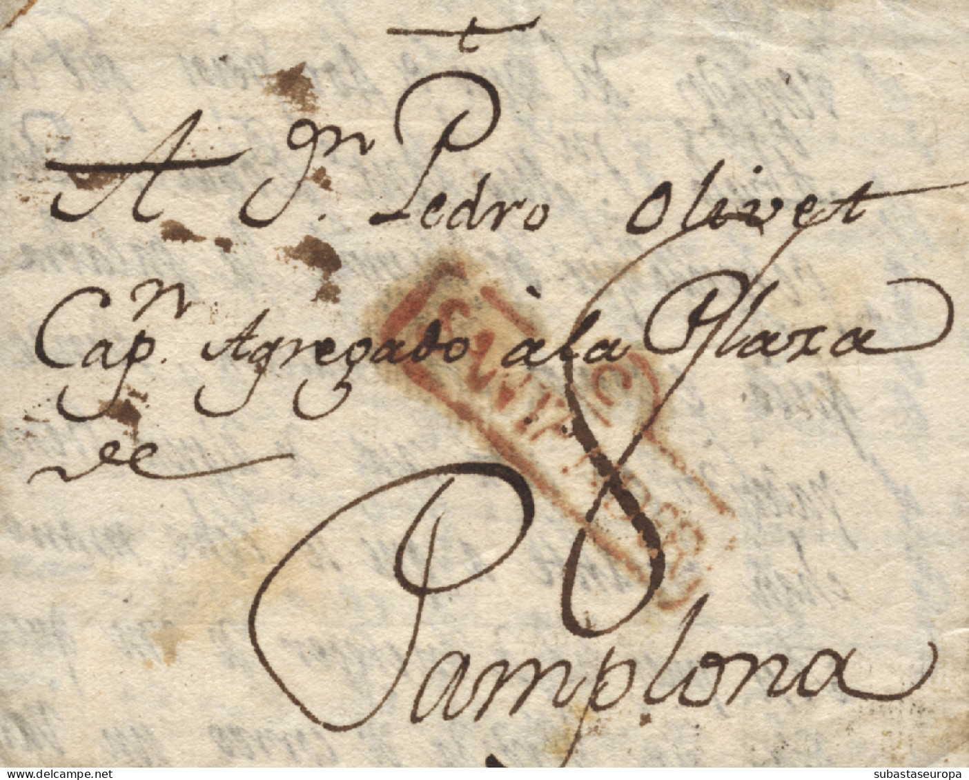 D.P. 9. Carta Reutilizada Sin Fechar, Dirigida A Pamplona. Marca En Rojo "C/SANTANDER" 6R. Porteo Manuscrito "8" - ...-1850 Préphilatélie