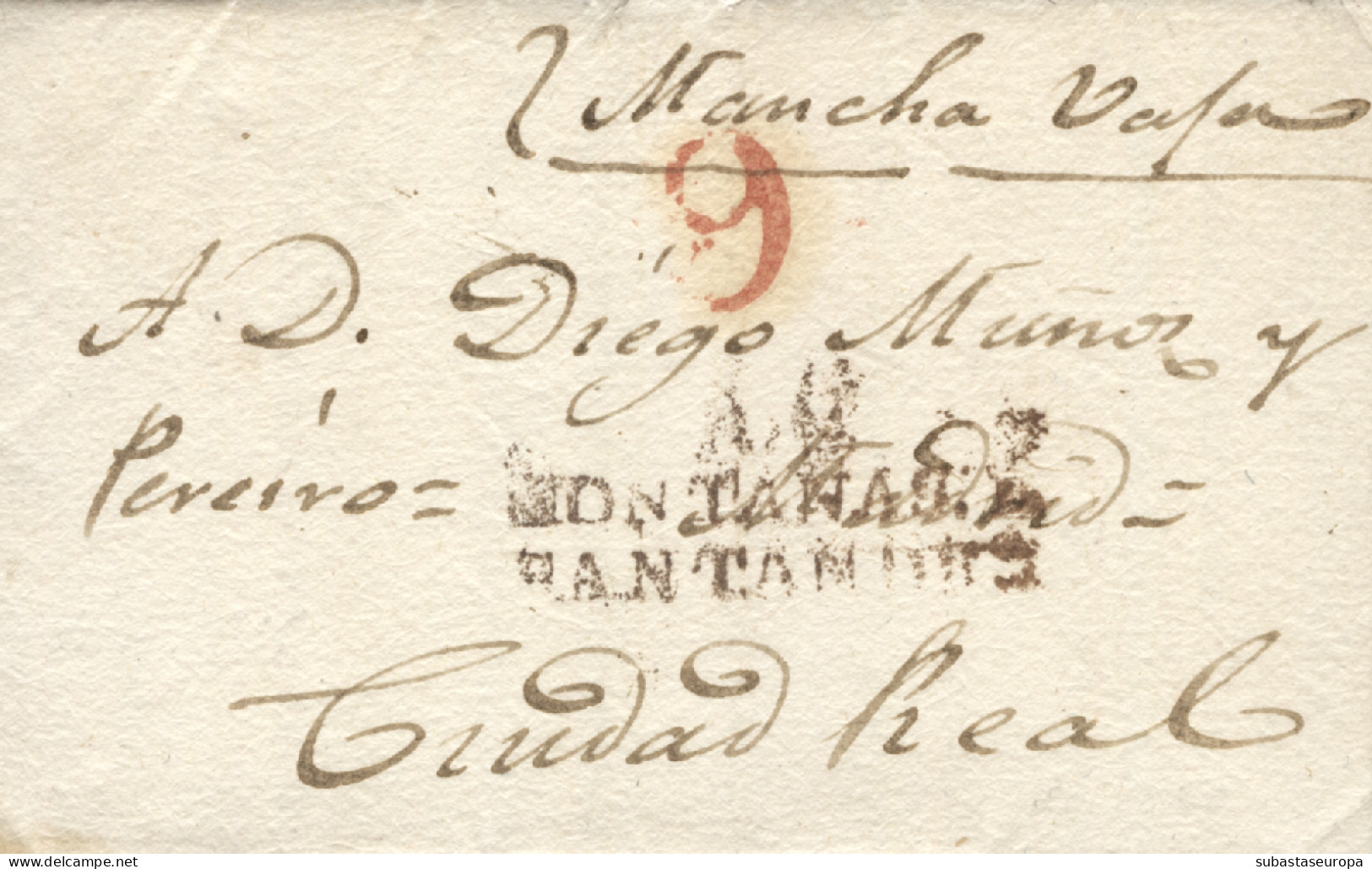 D.P. 9. 1825. Carta De Portillo A Ciudad Real. Marca Roja "A.C./MONTAÑAS DE/SANTANDER" De Aguilar De Campóo Nº 2R. - ...-1850 Vorphilatelie