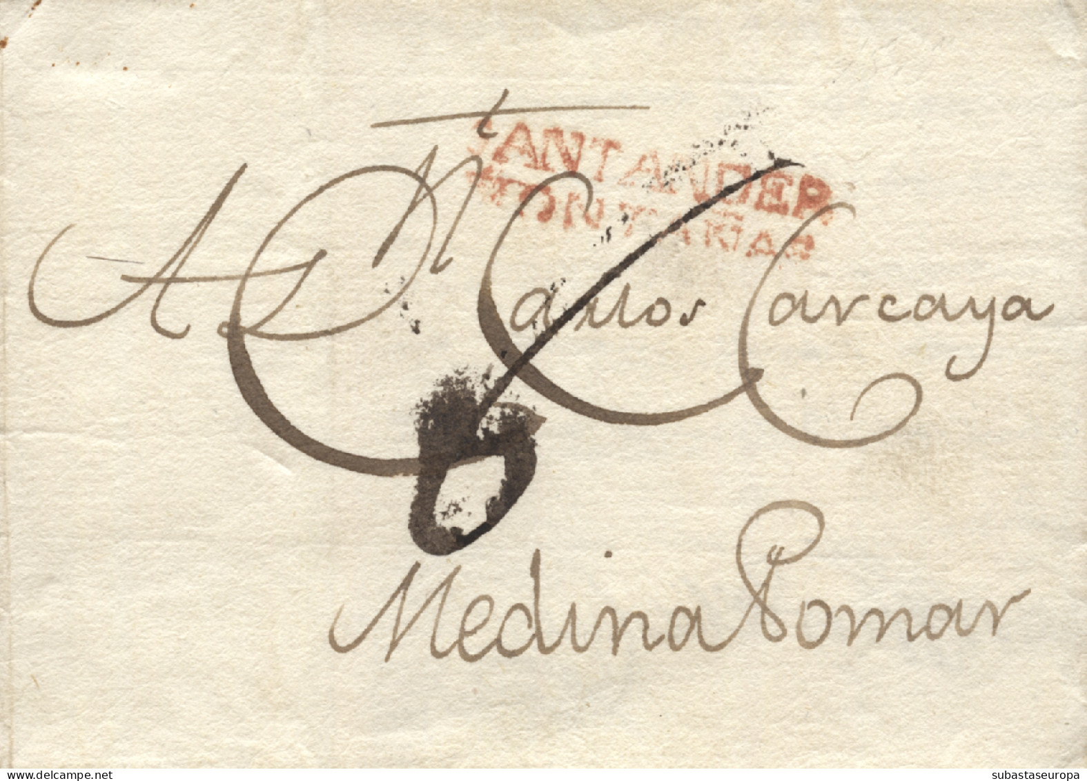 D.P. 9. 1817. Carta De Santander A Medina De Pomar (Burgos). Marca En Rojo 8R. Porteo Manuscrito "6". Preciosa. - ...-1850 Préphilatélie