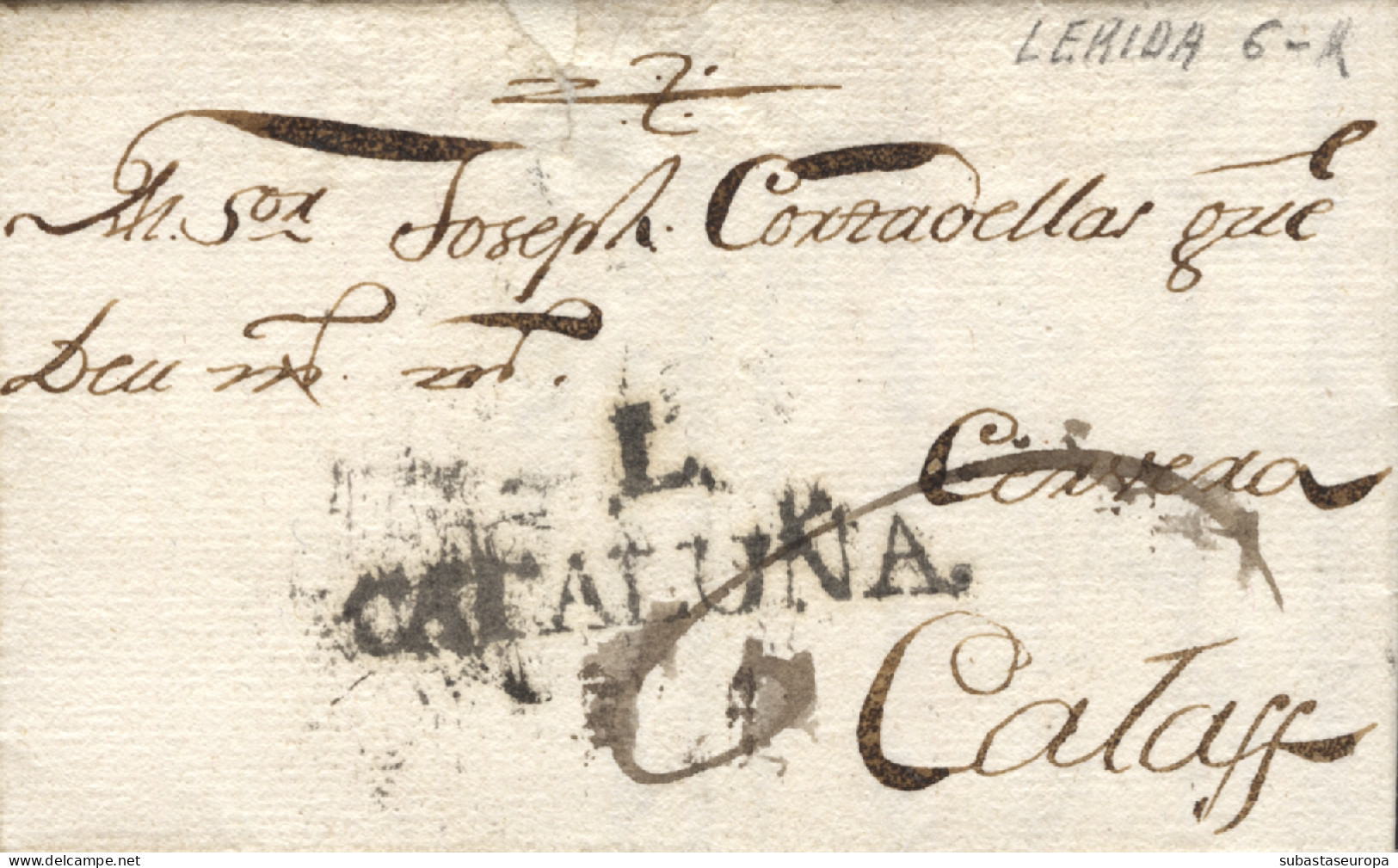 D.P. 5. 1796 (20 MAR). Carta De Corbins A Calaf. Marca Parecida A La Nº 7N De Lleida Pero Con Otra Tipografía  - ...-1850 Vorphilatelie