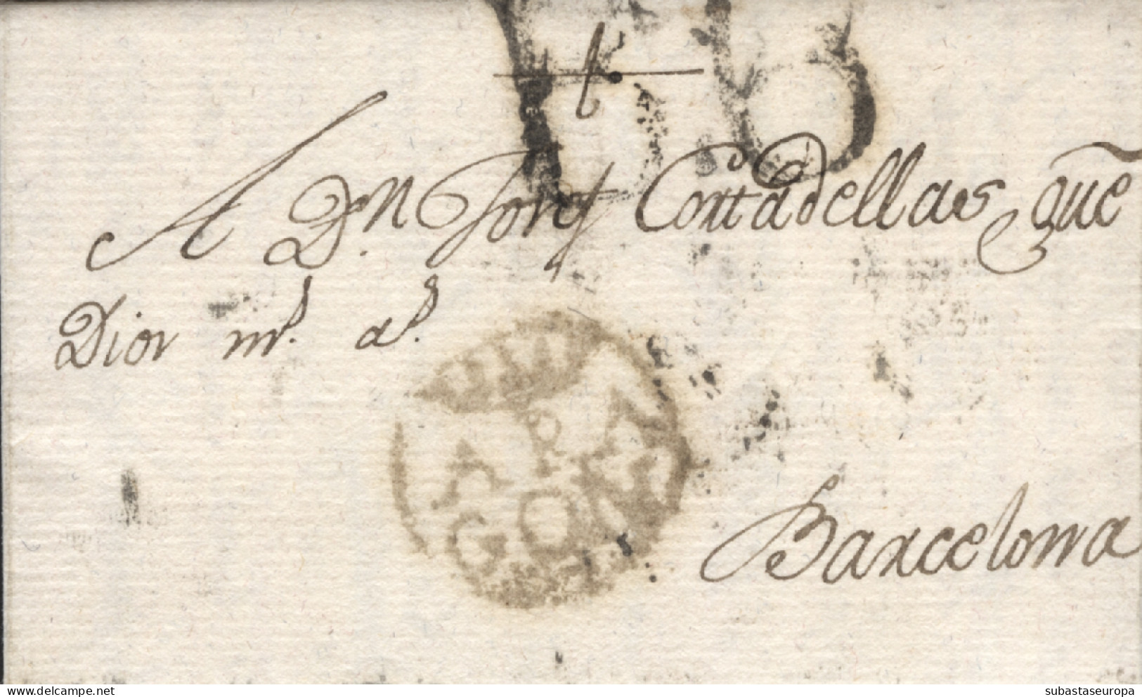 D.P. 4. 1797. Carta De La Almunia De Doña Godina A Barcelona. Muy Nítida. Marca 1N. Porteo "B.6". Preciosa - ...-1850 Préphilatélie