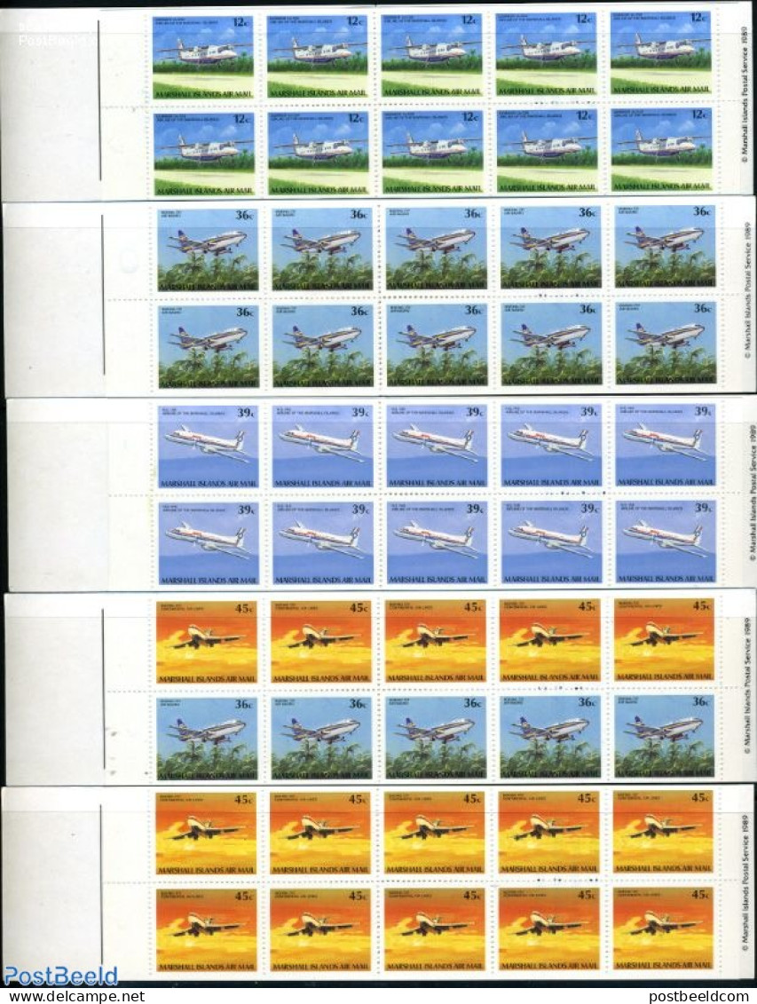 Marshall Islands 1989 Aeroplanes 5 Booklets, Mint NH, Transport - Stamp Booklets - Aircraft & Aviation - Non Classés