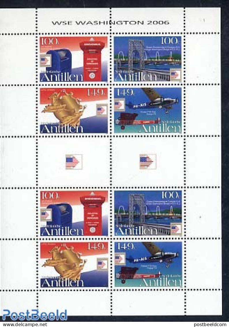 Netherlands Antilles 2006 Washington 2006 2x4v M/s, Mint NH, Transport - Philately - Post - U.P.U. - Fokker Airplanes .. - Poste