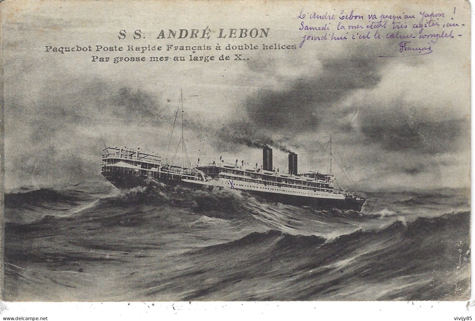 Vue Du " SS André LEBON " Paquebot Poste Rapide Français à Double Hélices Par Grosse Mer - Cargos