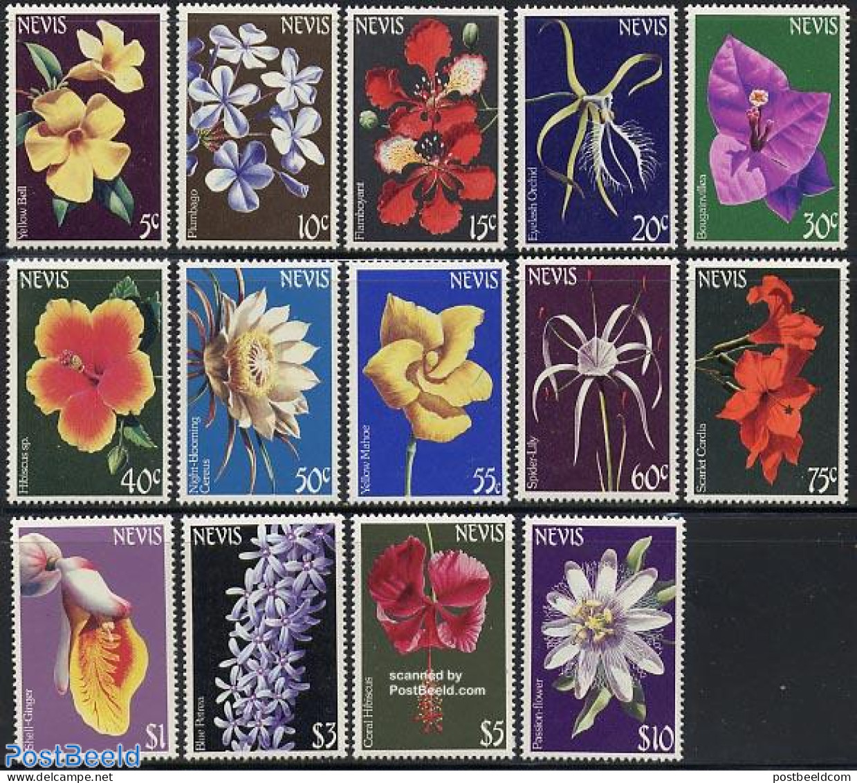 Nevis 1984 Flowers 14v, Mint NH, Nature - Flowers & Plants - St.Kitts And Nevis ( 1983-...)