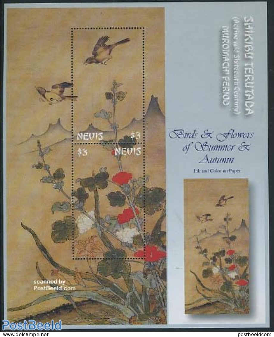 Nevis 2002 Japanese Paintings 2v M/s, Mint NH, Nature - Birds - Art - East Asian Art - Paintings - St.Kitts Und Nevis ( 1983-...)