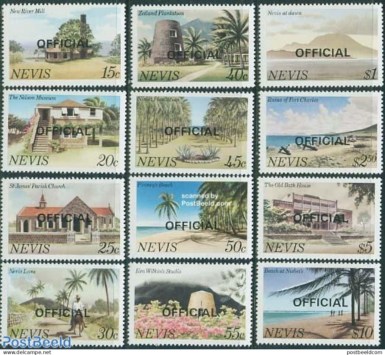 Nevis 1981 Official Overprints 12v, Mint NH, Art - Architecture - St.Kitts Und Nevis ( 1983-...)