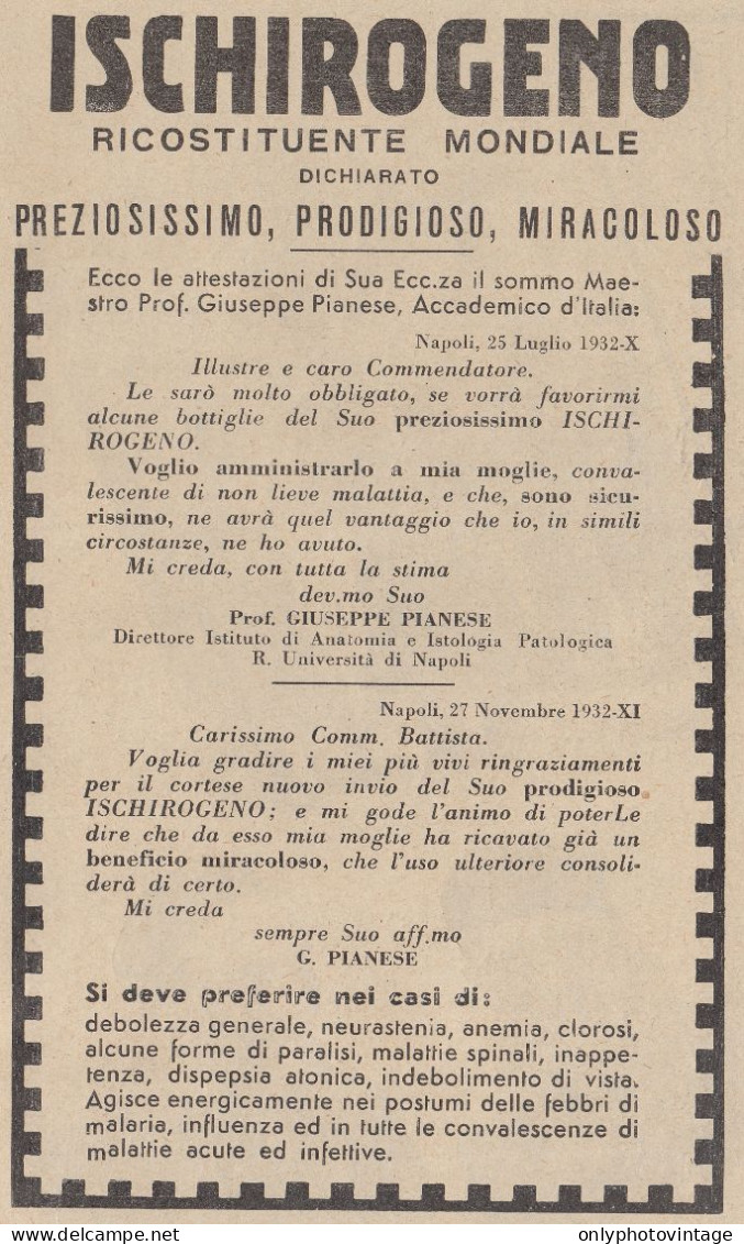 Ischirogeno - Prof. Giuseppe Pianese - Pubblicità D'epoca - 1933 Old Ad - Publicités