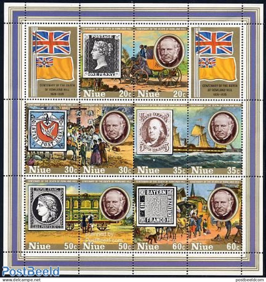 Niue 1979 Sir Rowland Hill S/s, Mint NH, Nature - Transport - Dogs - Sir Rowland Hill - Stamps On Stamps - Coaches - R.. - Rowland Hill