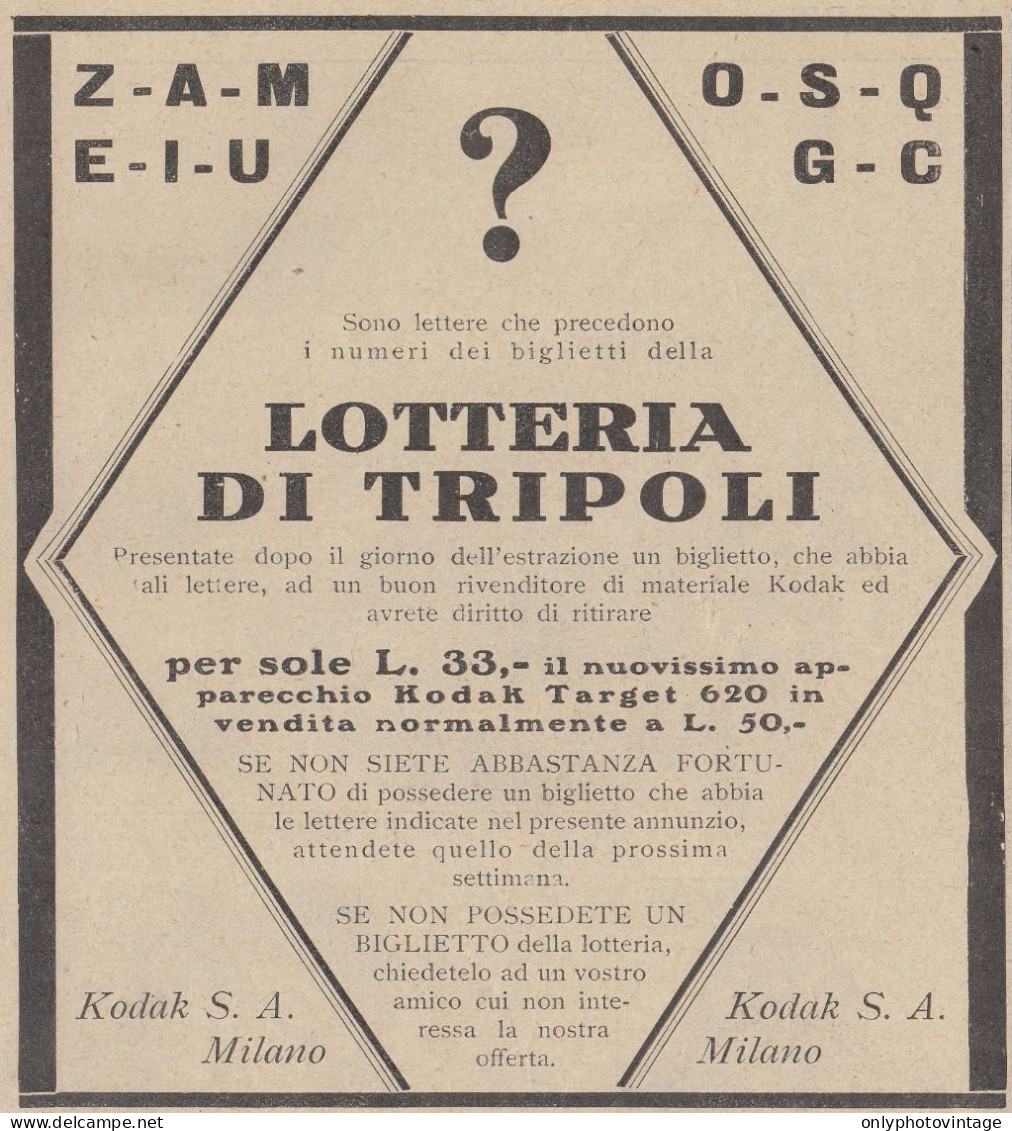 Lotteria Di Tripoli - Kodak Target 620 - Pubblicità D'epoca - 1933 Old Ad - Publicités