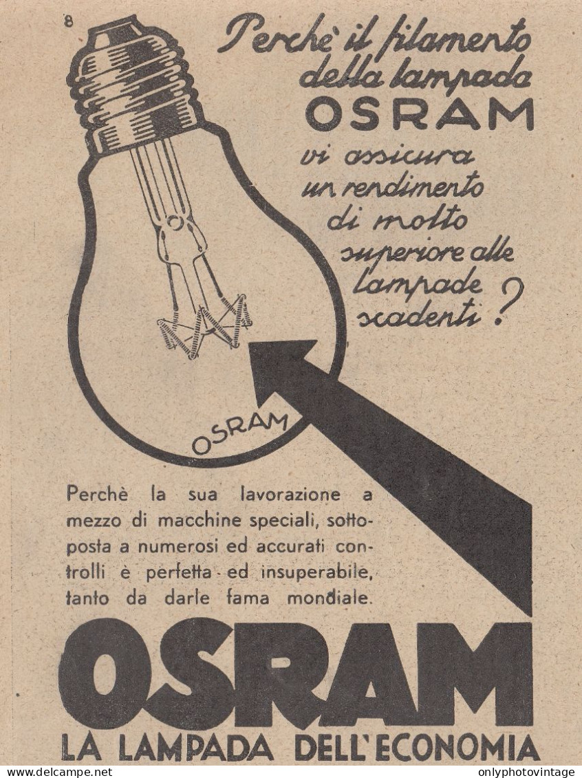 Osram La Lampada Dell'economia - Pubblicità D'epoca - 1933 Old Advertising - Publicités