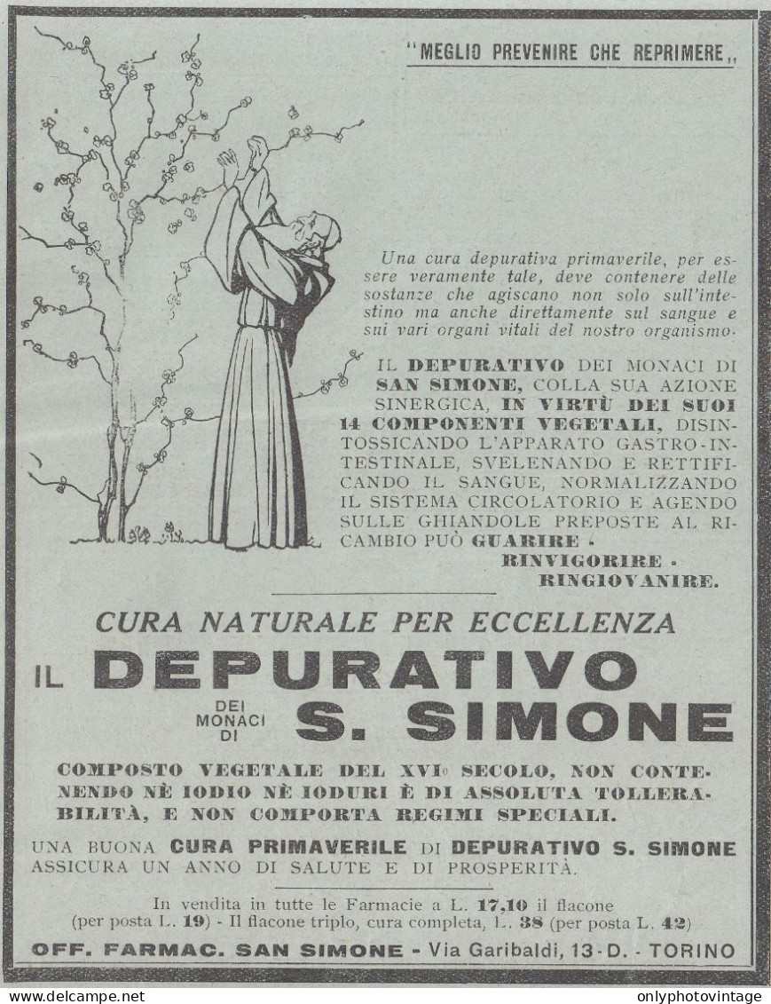 Depurativo Dei Monaci Di San Simone - Pubblicità D'epoca - 1933 Vintage Ad - Publicités