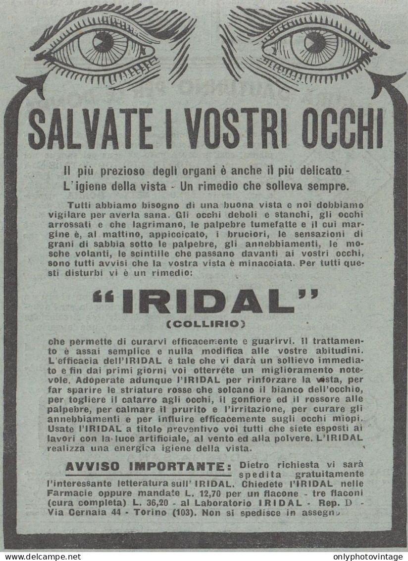 Collirio IRIDAL - Pubblicità D'epoca - 1931 Vintage Advertising - Pubblicitari